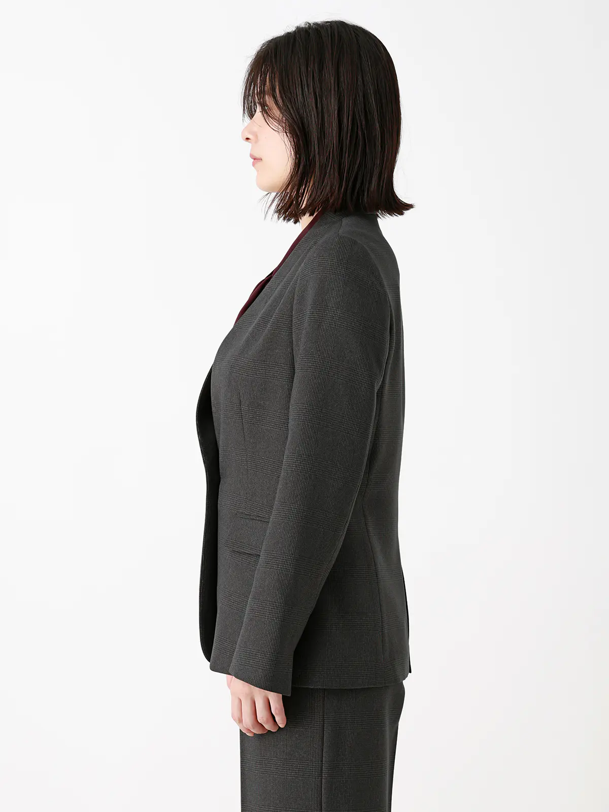 ジャケット/ノーカラー/ウォッシャブル/ストレッチ/グレンチェック/Suit Buffet グレー 36(7号)