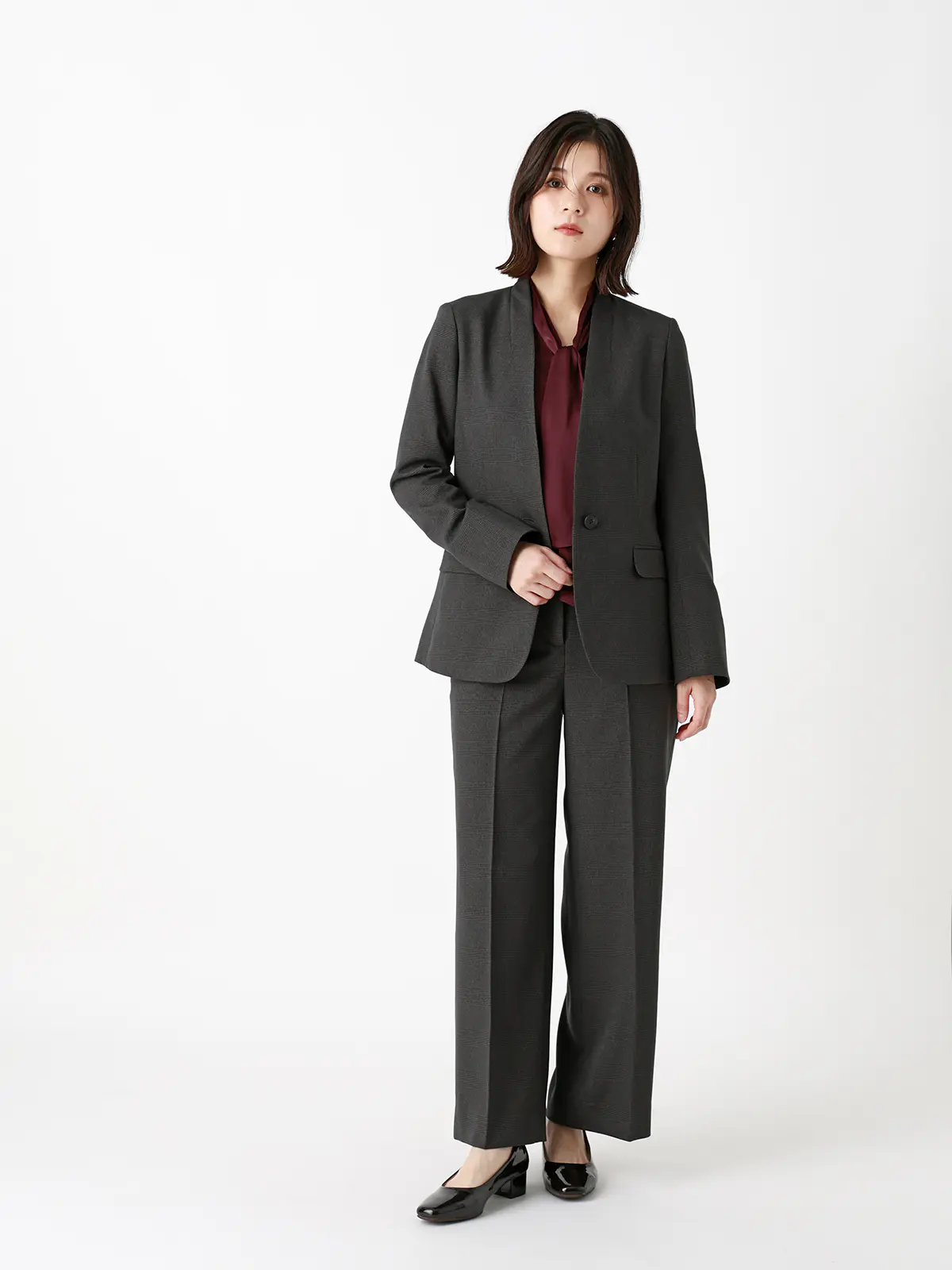 ジャケット/ノーカラー/ウォッシャブル/ストレッチ/グレンチェック/Suit Buffet グレー 36(7号)