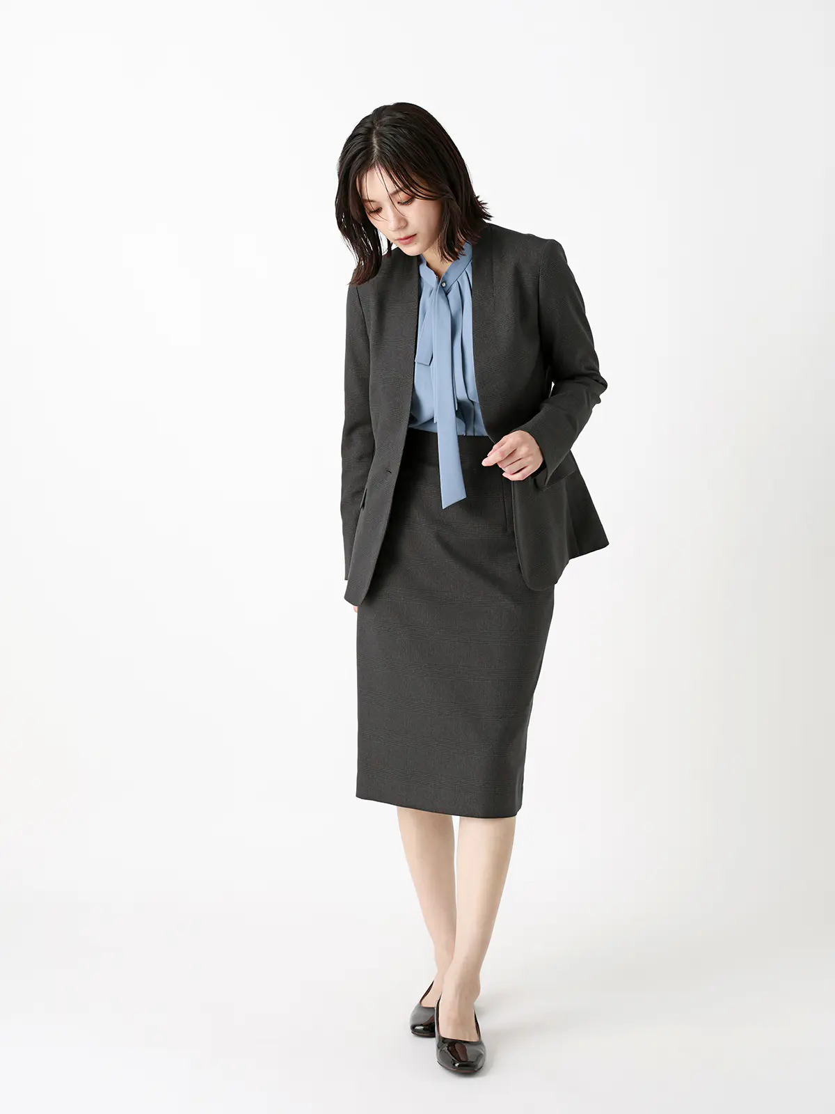 ジャケット/ノーカラー/ウォッシャブル/ストレッチ/グレンチェック/Suit Buffet グレー 36(7号)