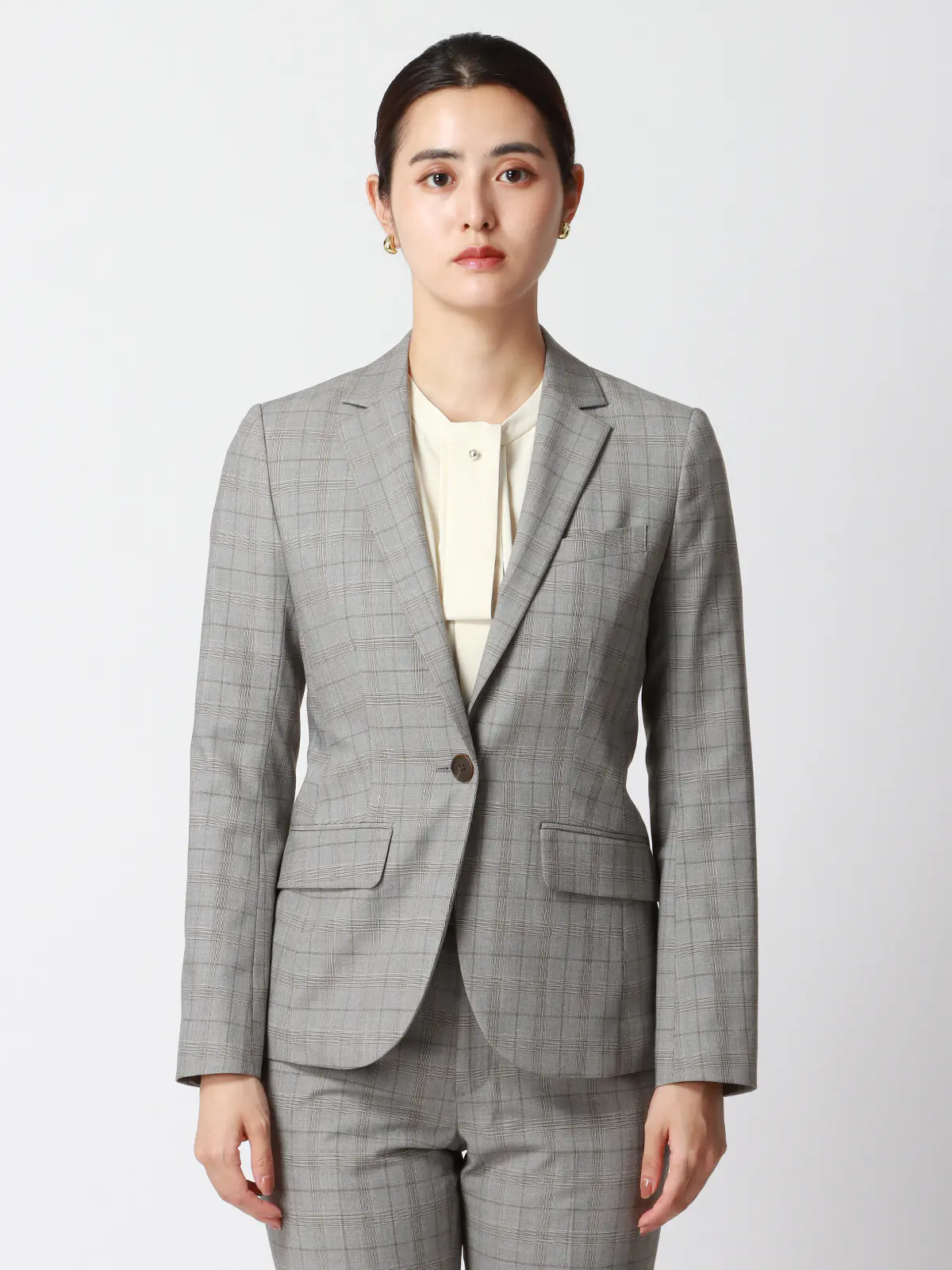WEB限定／ジャケット／Carreman／ウォッシャブル／ストレッチ／グレンチェック グレー系 34(5号）