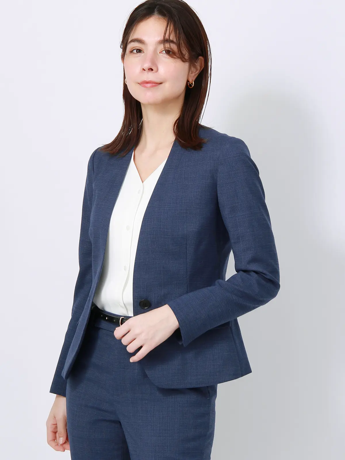 【訳アリ商品】ジャケット/ノーカラー/ウォッシャブル/トロピカルストレッチ/ハウンドトゥース ブルー 36(7号)