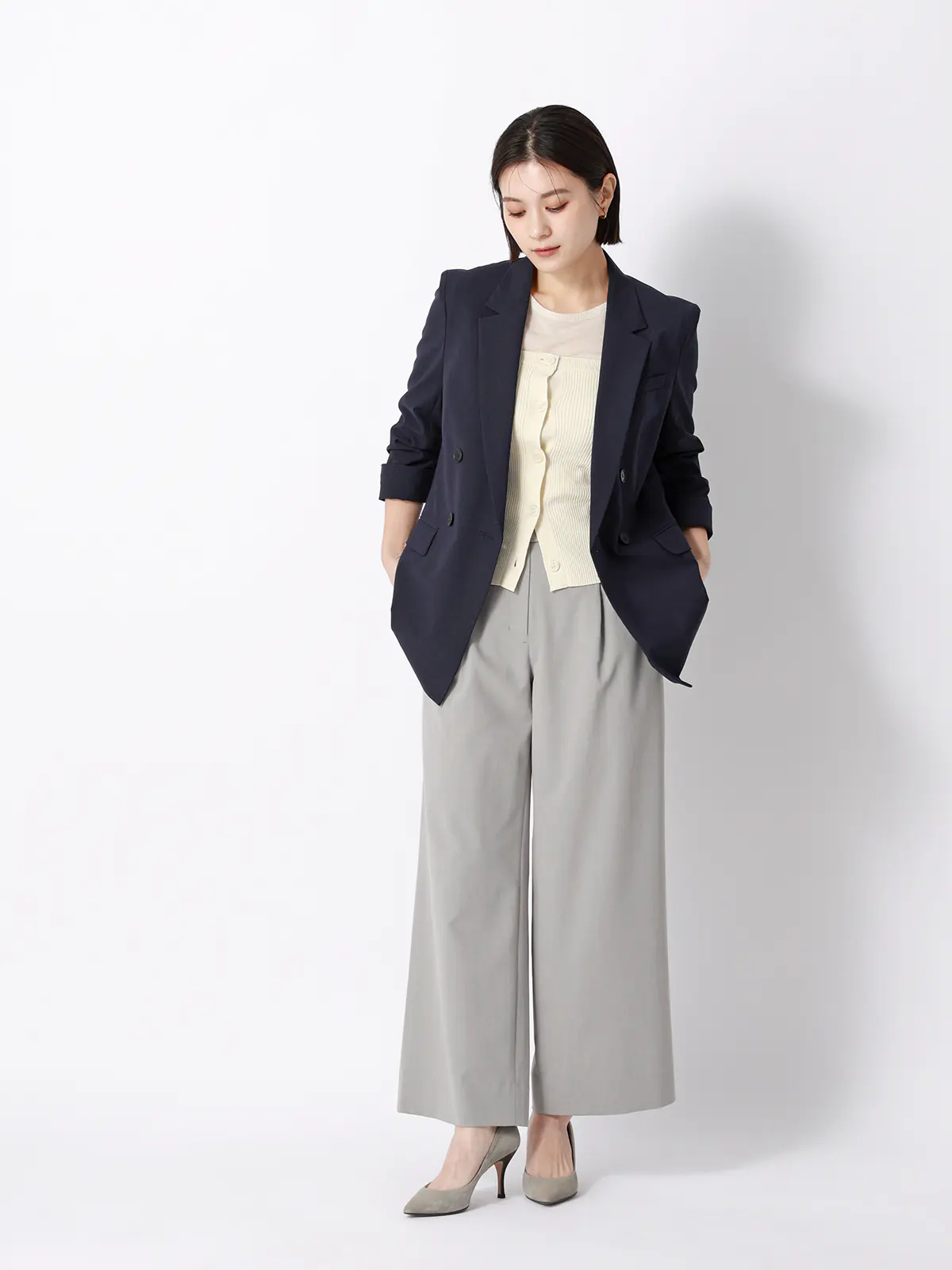 ダブルブレストジャケット/ウォッシャブル/ストレッチ/UVカット/TRトロピカル/無地 ネイビー 36(7号)