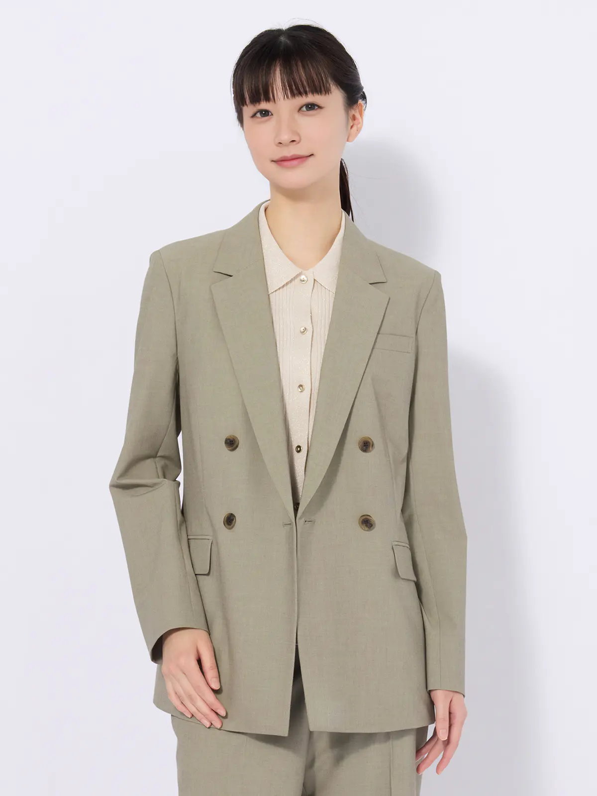 ダブルブレストジャケット/ウォッシャブル/ストレッチ/UVカット/TRトロピカル/無地 カーキ 36(7号)