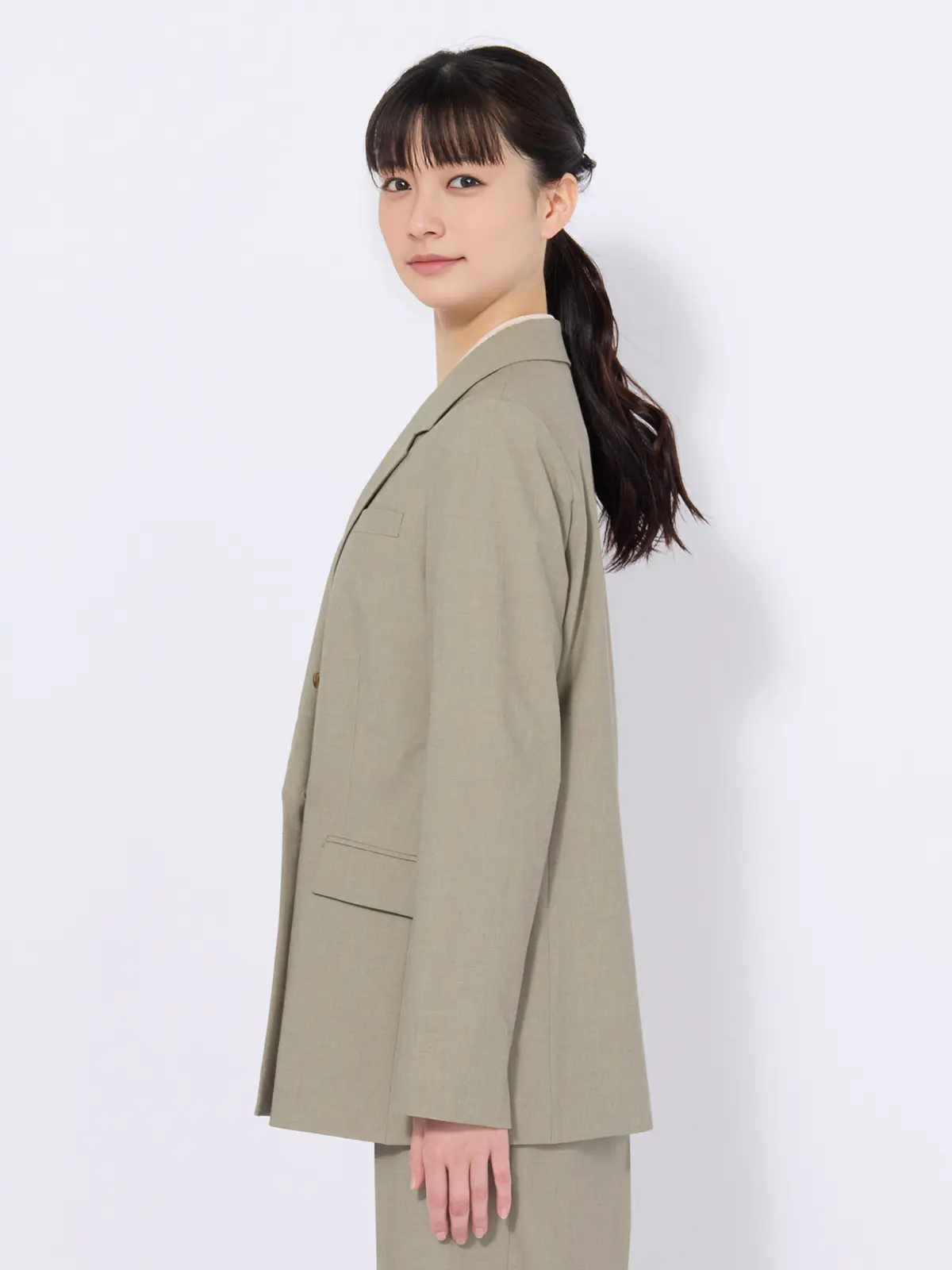 ダブルブレストジャケット/ウォッシャブル/ストレッチ/UVカット/TRトロピカル/無地 カーキ 36(7号)