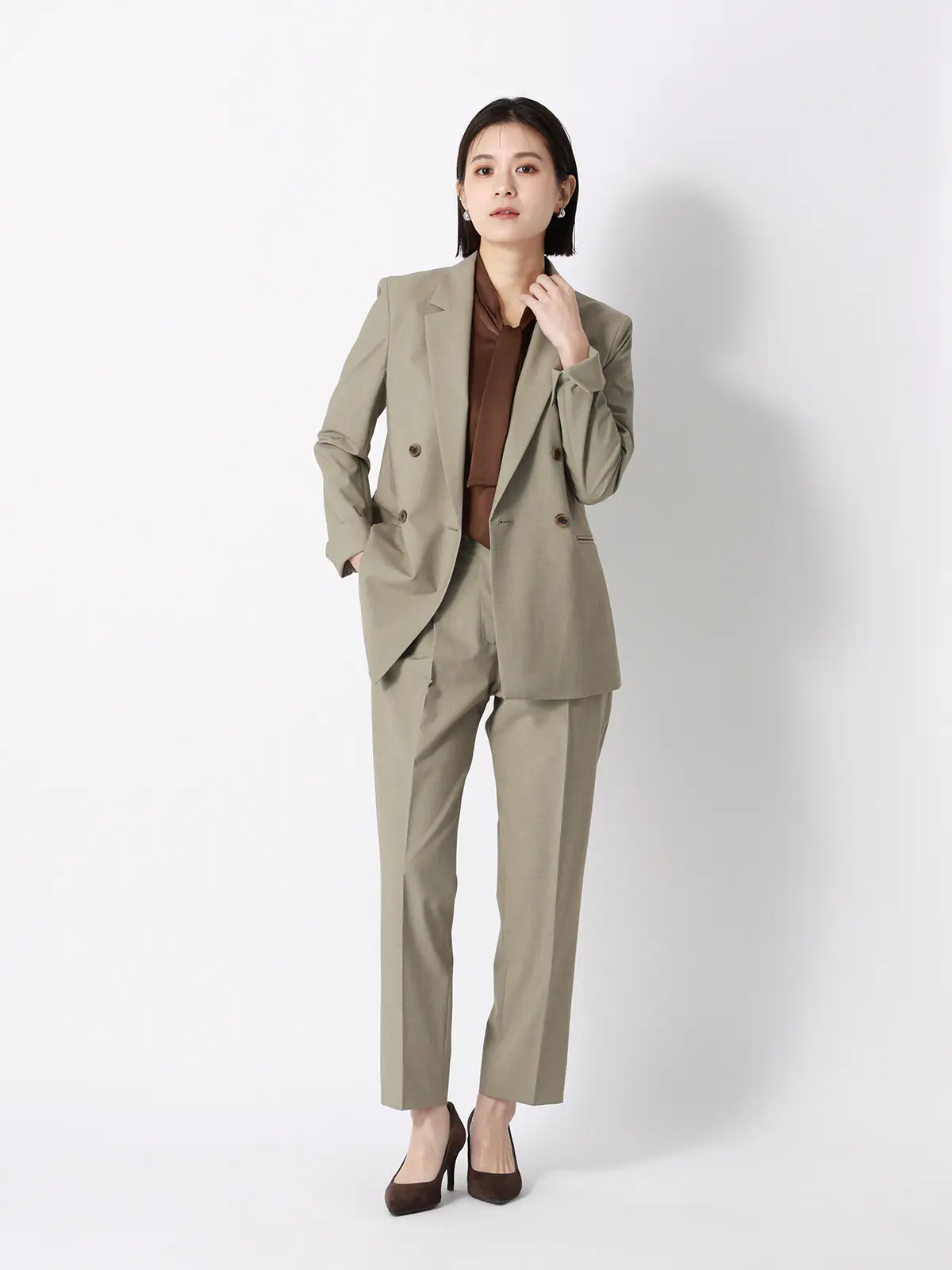 ダブルブレストジャケット/ウォッシャブル/ストレッチ/UVカット/TRトロピカル/無地 カーキ 36(7号)