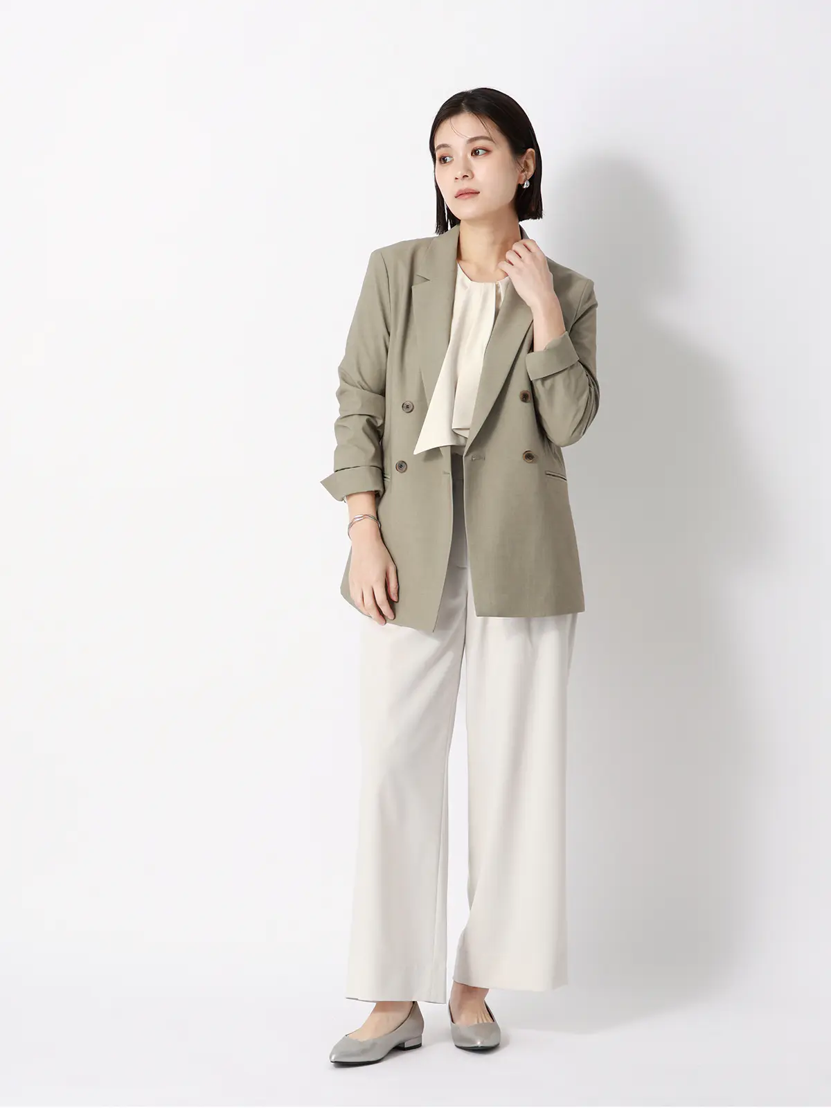 ダブルブレストジャケット/ウォッシャブル/ストレッチ/UVカット/TRトロピカル/無地 カーキ 36(7号)