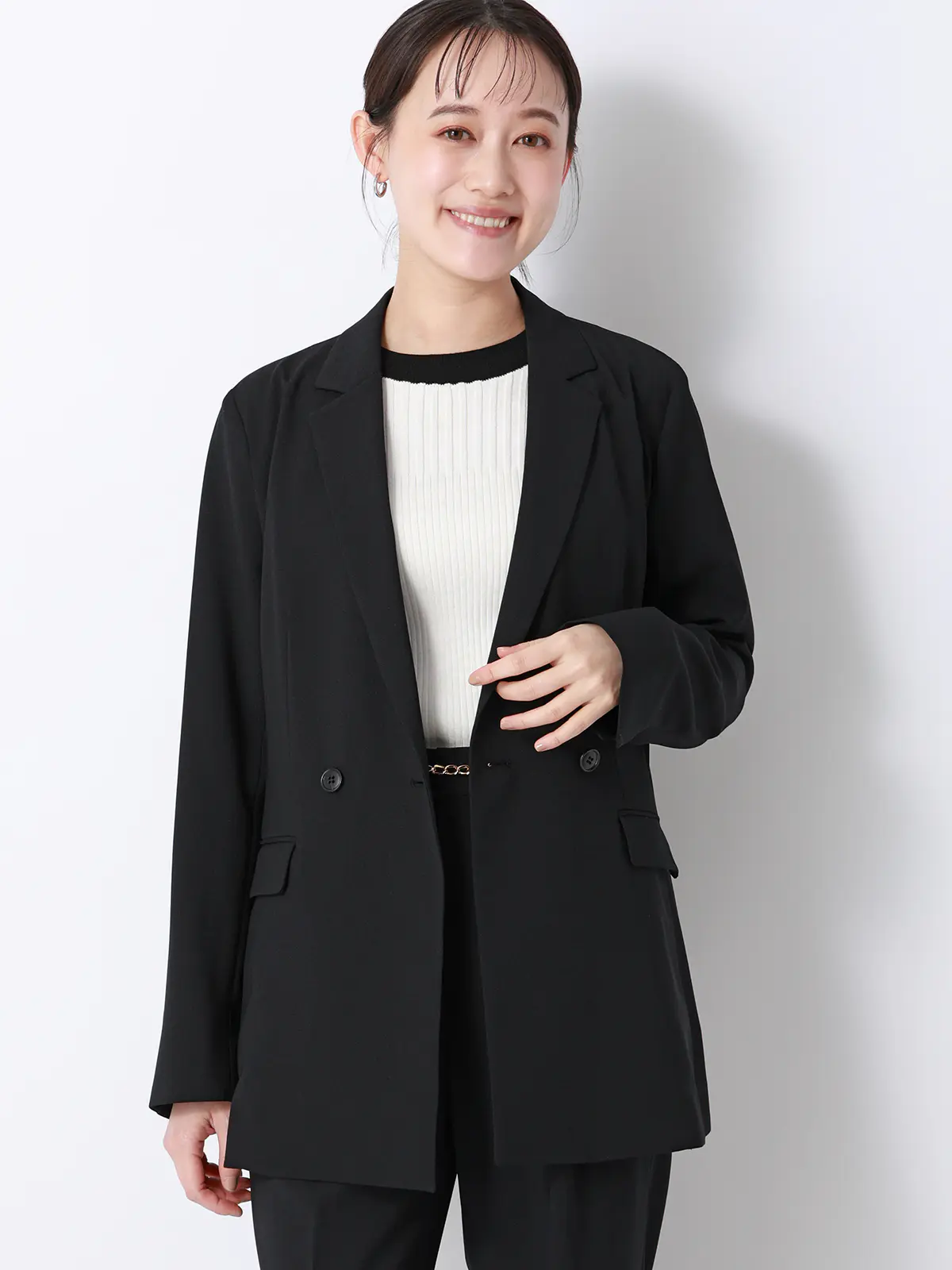 CHANTOWA／ダブルブレストジャケット／ウォッシャブル／ストレッチオックス／無地 ブラック 36(7号）