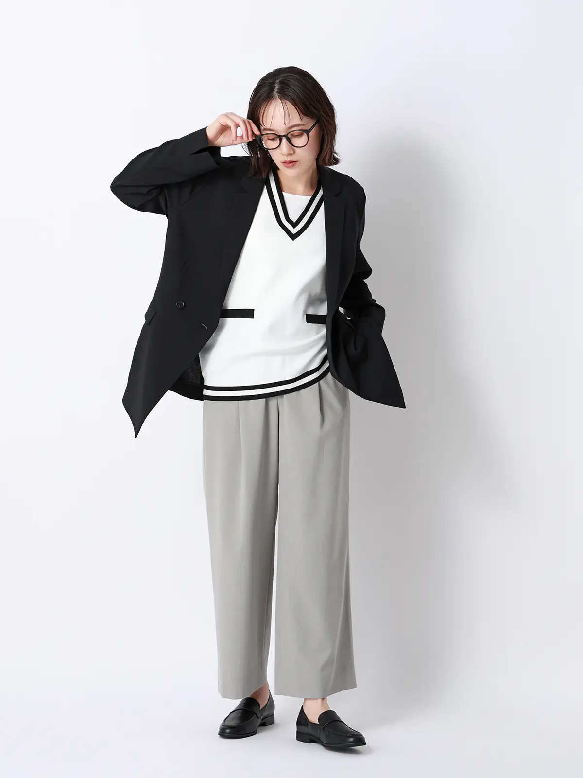 CHANTOWA／ダブルブレストジャケット／ウォッシャブル／ストレッチオックス／無地 ブラック 36(7号）