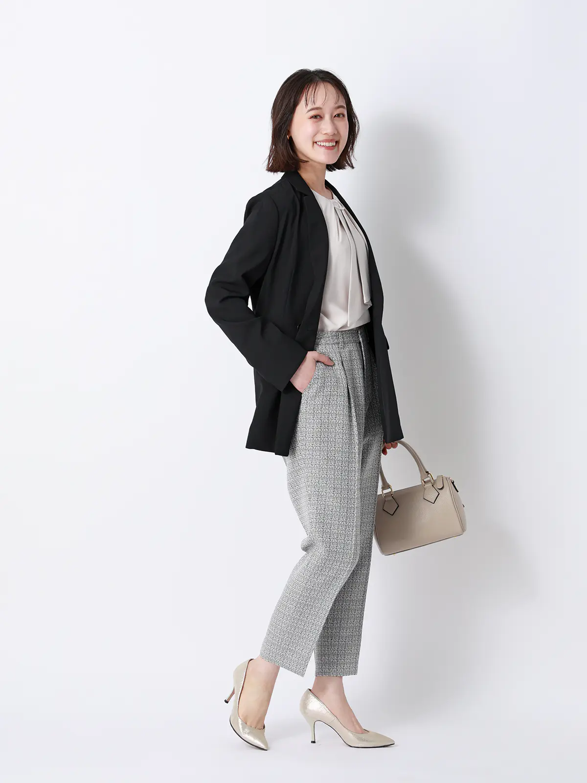 CHANTOWA／ダブルブレストジャケット／ウォッシャブル／ストレッチオックス／無地 ブラック 36(7号）