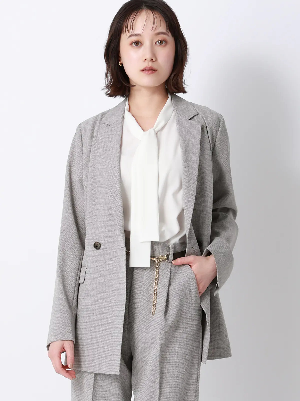 CHANTOWA／ダブルブレストジャケット／ウォッシャブル／クリスピーツイード／織柄 グレージュ 36(7号）