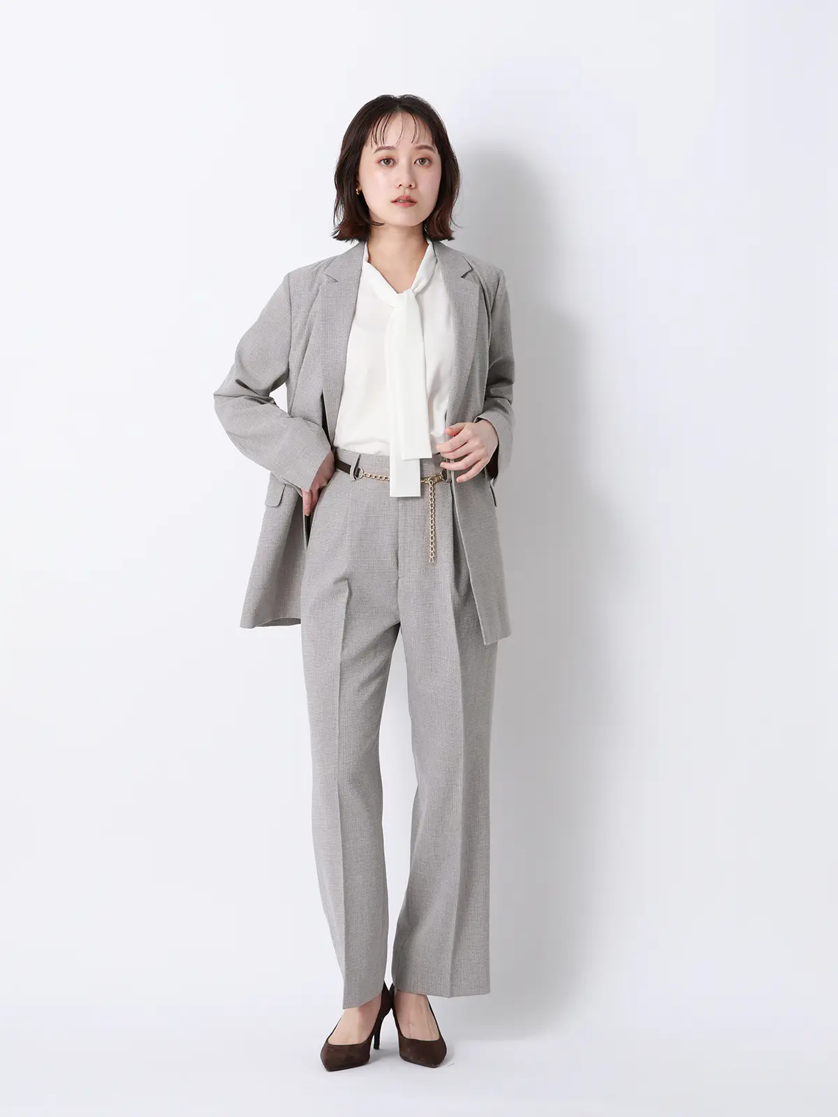 CHANTOWA／ダブルブレストジャケット／ウォッシャブル／クリスピーツイード／織柄 グレージュ 36(7号）