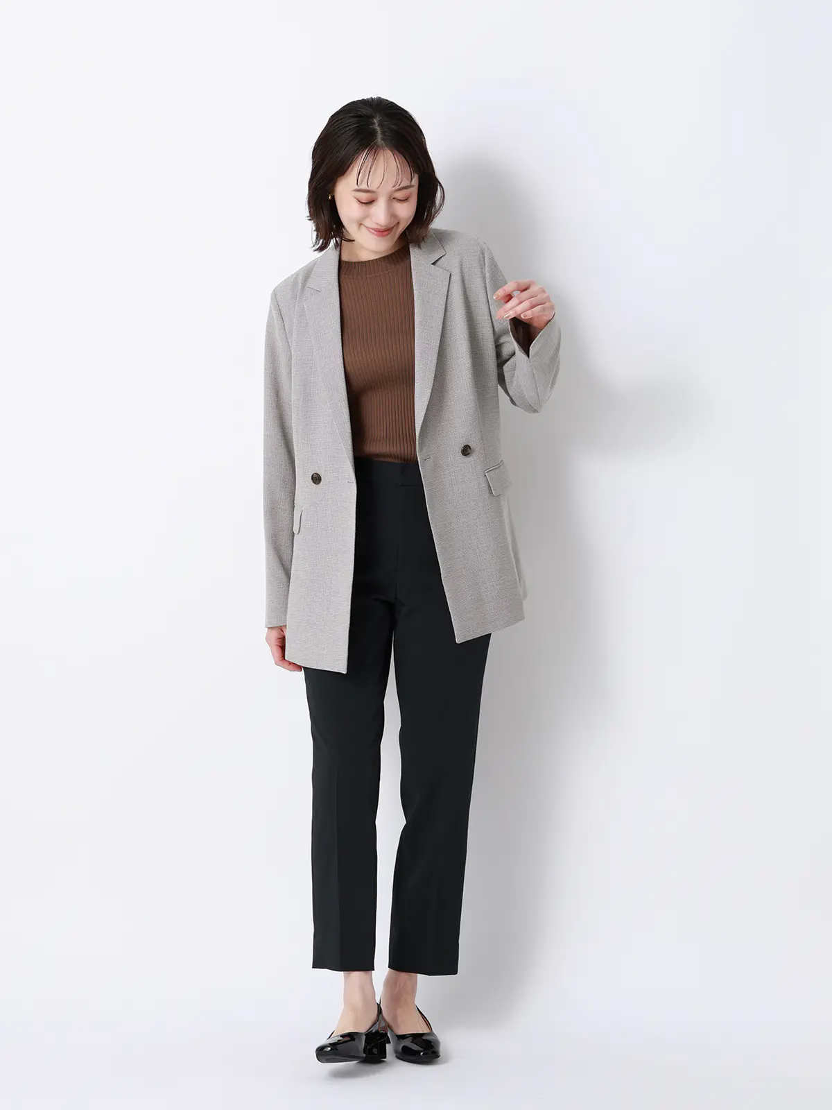 CHANTOWA／ダブルブレストジャケット／ウォッシャブル／クリスピーツイード／織柄 グレージュ 36(7号）