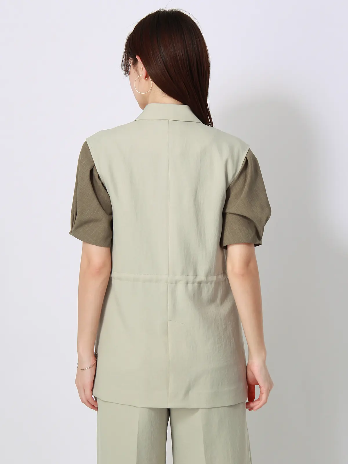 【訳アリ商品】ダブルブレストジレ/ウォッシャブル/ストレッチ/消臭/メランジツイル/SY加工/無地 グリーン 38(9号)