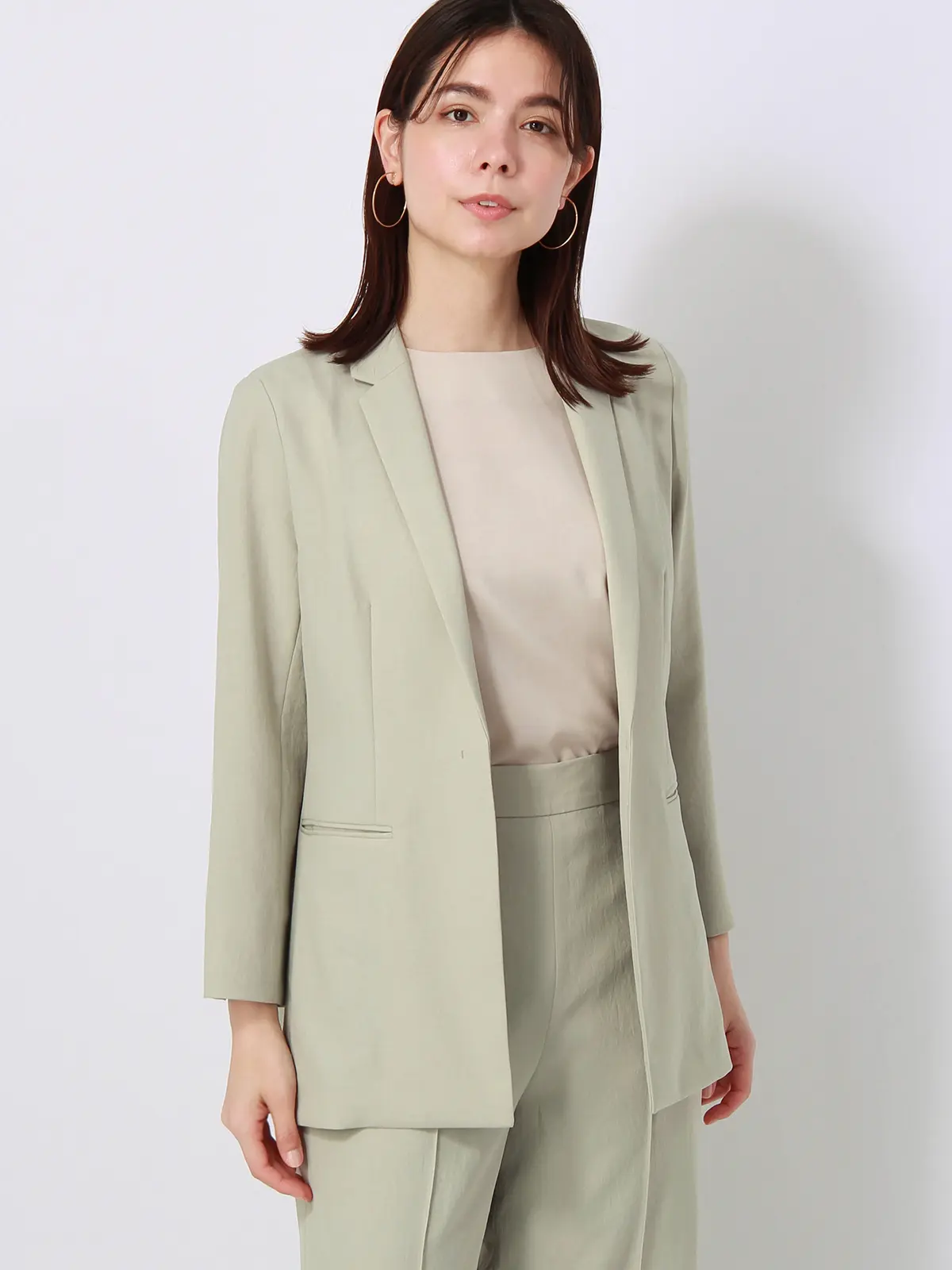 【訳アリ商品】ジャケット/ウォッシャブル/ストレッチ/消臭/メランジツイル/SY加工/無地 グリーン 36(7号)
