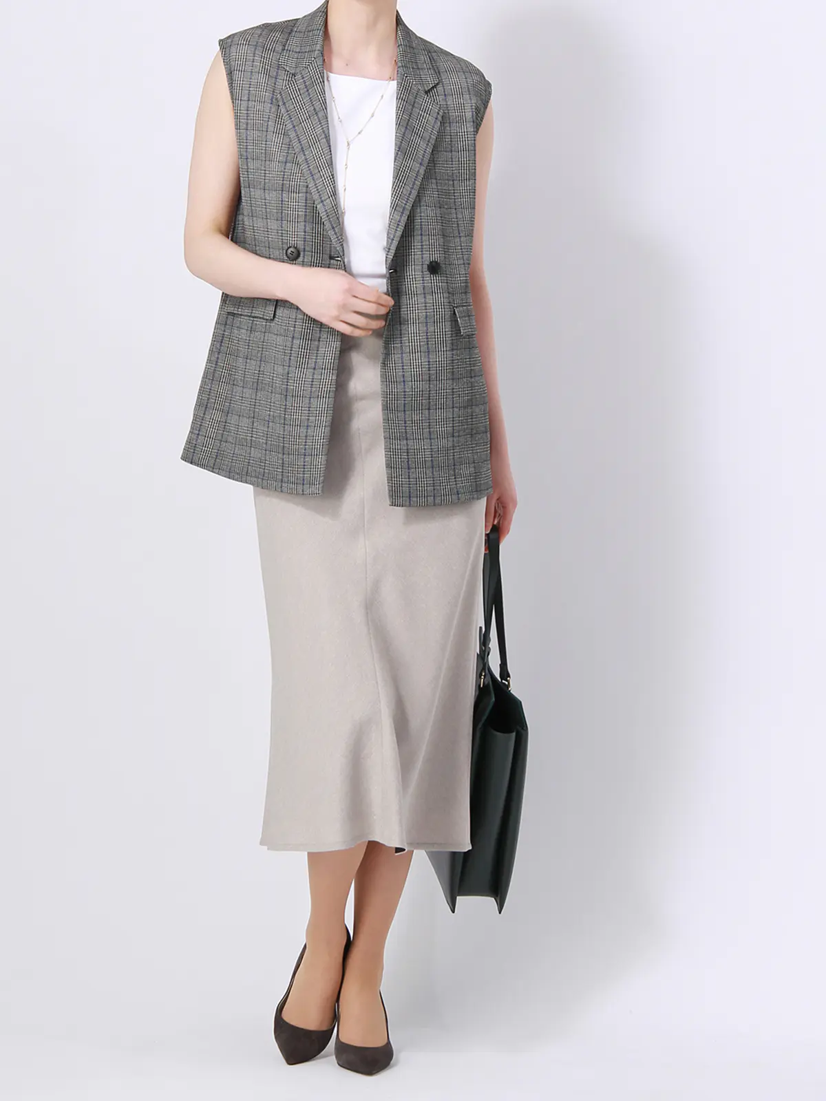 【訳アリ商品】ダブルブレストジレ/ウォッシャブル/消臭/レノクロスストレッチ/グレンチェック ブラウン 38(9号)