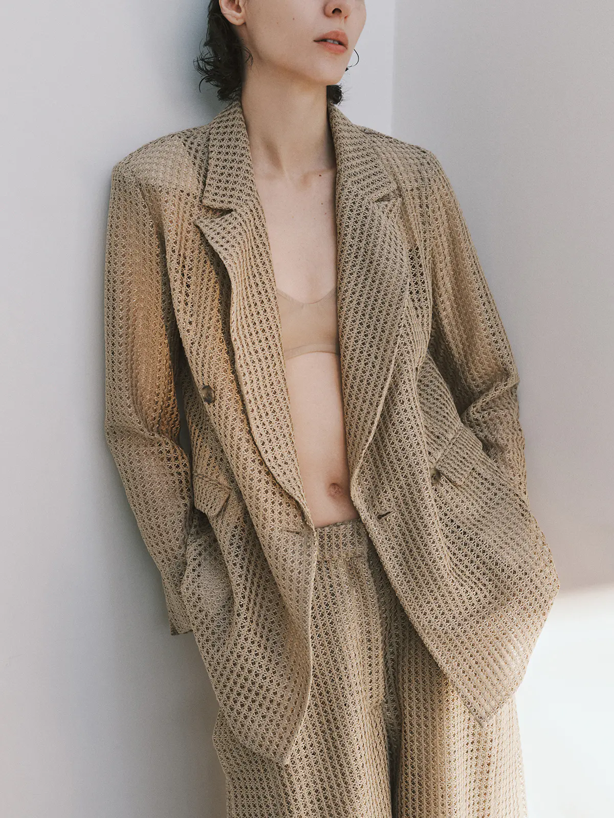 CIS．／ダブルブレストジャケット／ハンドウォッシュ／9Gメッシュレース／無地 ベージュ 36(7号）