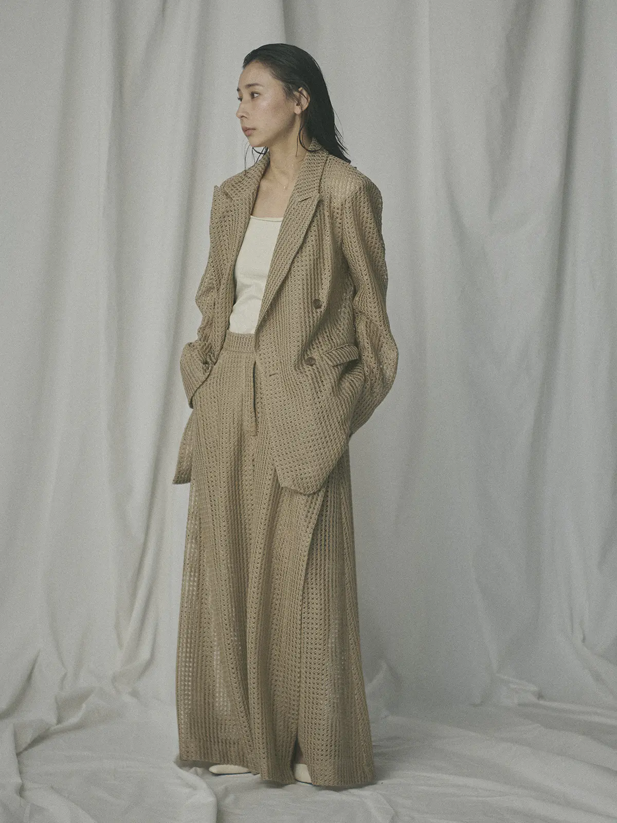 CIS．／ダブルブレストジャケット／ハンドウォッシュ／9Gメッシュレース／無地 ベージュ 36(7号）