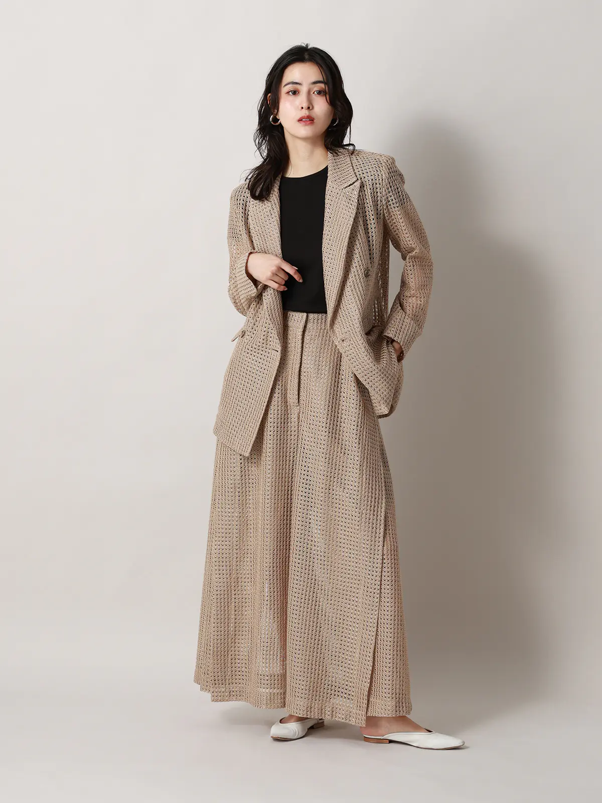 CIS．／ダブルブレストジャケット／ハンドウォッシュ／9Gメッシュレース／無地 ベージュ 36(7号）