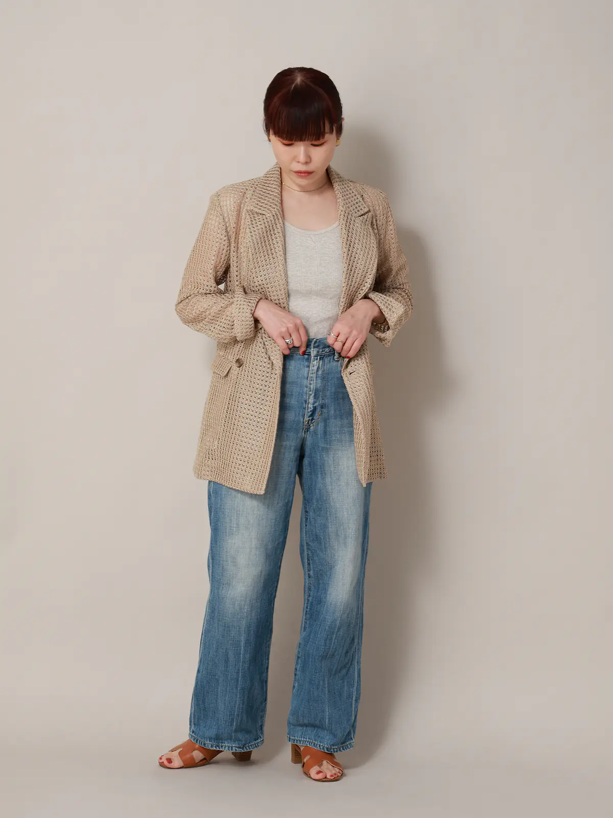 CIS．／ダブルブレストジャケット／ハンドウォッシュ／9Gメッシュレース／無地 ベージュ 36(7号）