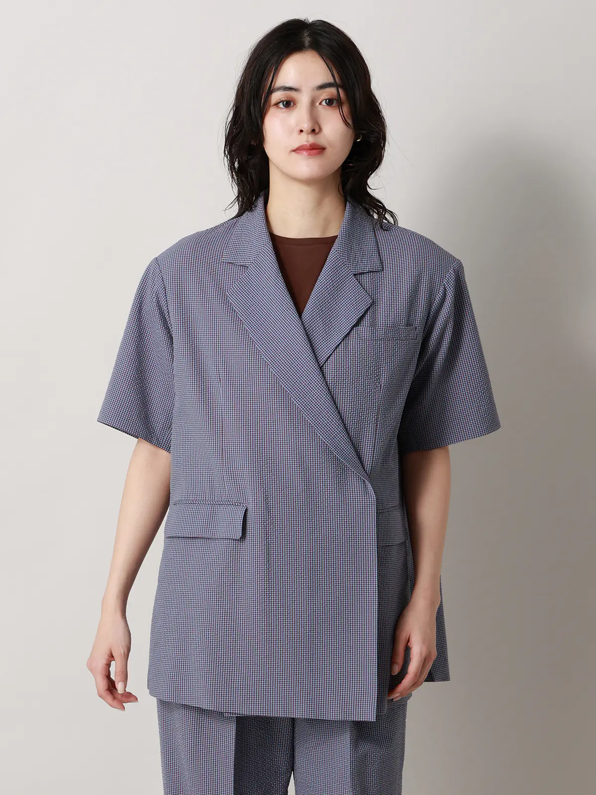 【2／23　23:59までWEB先行販売中】CIS.／ダブルブレストジャケット／ギンガムチェック ブルー 36(7号）