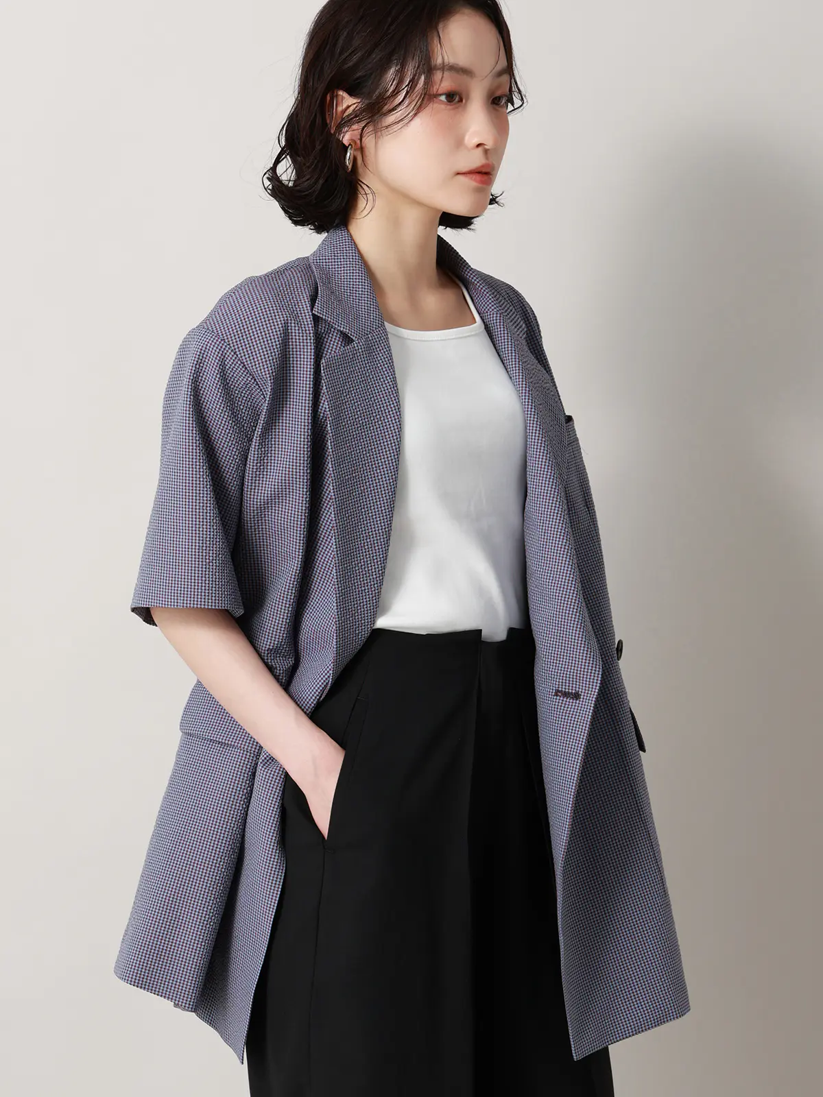 【2／23　23:59までWEB先行販売中】CIS.／ダブルブレストジャケット／ギンガムチェック ブルー 36(7号）