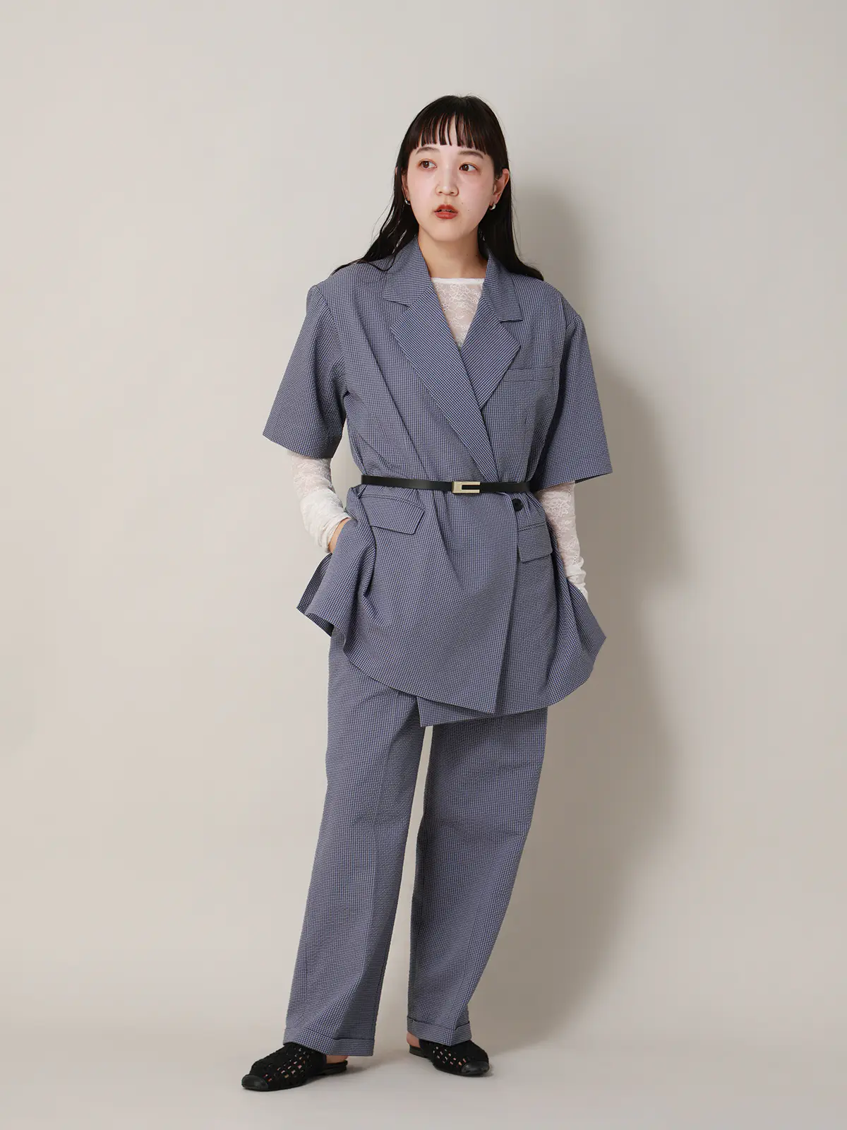 【2／23　23:59までWEB先行販売中】CIS.／ダブルブレストジャケット／ギンガムチェック ブルー 36(7号）