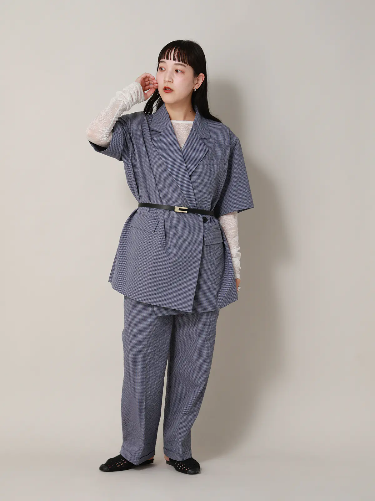 【2／23　23:59までWEB先行販売中】CIS.／ダブルブレストジャケット／ギンガムチェック ブルー 36(7号）