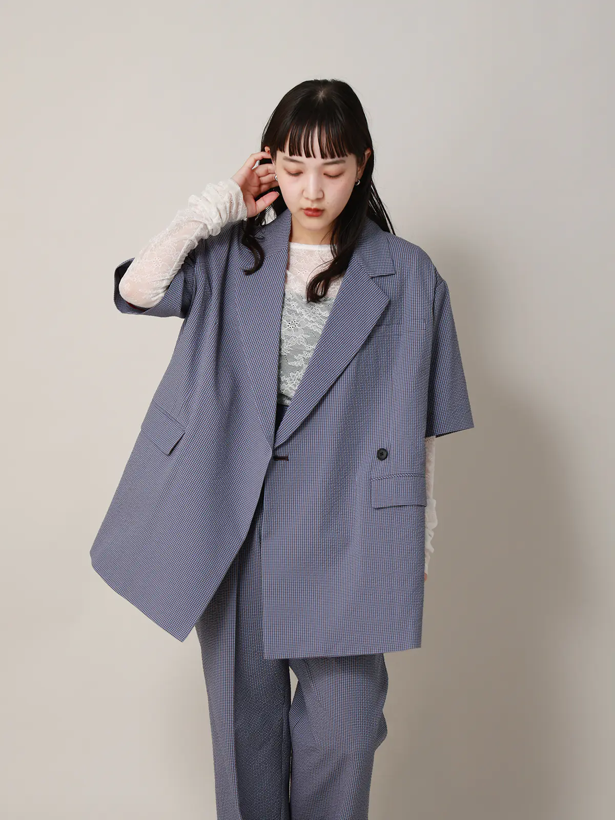 【2／23　23:59までWEB先行販売中】CIS.／ダブルブレストジャケット／ギンガムチェック ブルー 36(7号）