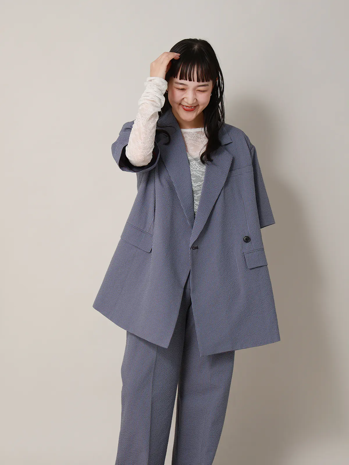 【2／23　23:59までWEB先行販売中】CIS.／ダブルブレストジャケット／ギンガムチェック ブルー 36(7号）