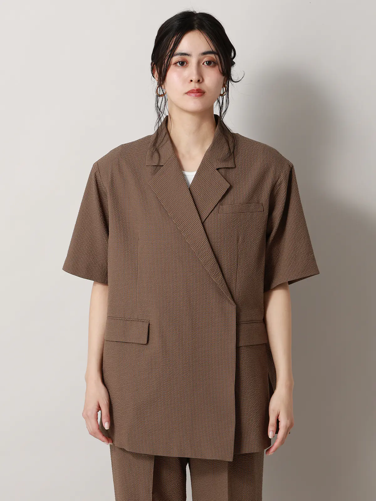 【2／23　23:59までWEB先行販売中】CIS.／ダブルブレストジャケット／ギンガムチェック ブラウン 36(7号）