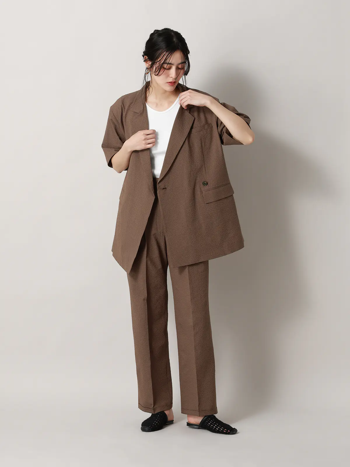 【2／23　23:59までWEB先行販売中】CIS.／ダブルブレストジャケット／ギンガムチェック ブラウン 36(7号）