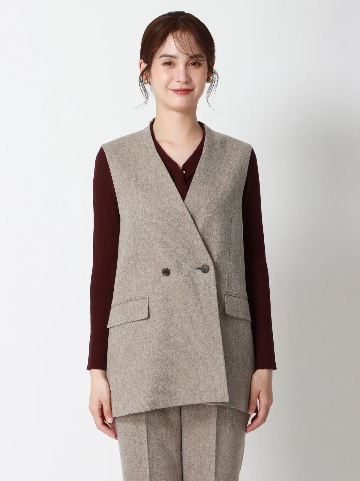 CHANTOWA/バックデザインジレ/ウォッシャブル/ツイードライクシャンブレー/織柄 ベージュ 38(9号)