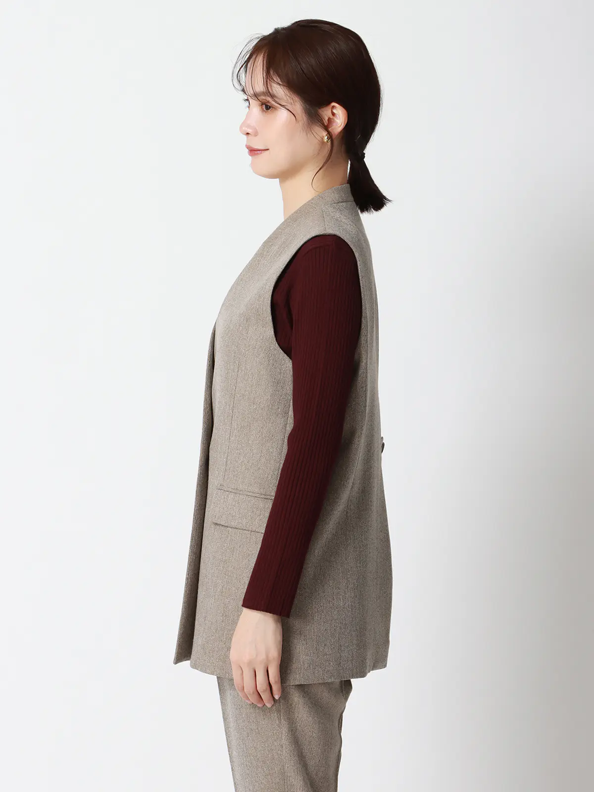 CHANTOWA/バックデザインジレ/ウォッシャブル/ツイードライクシャンブレー/織柄 ベージュ 38(9号)