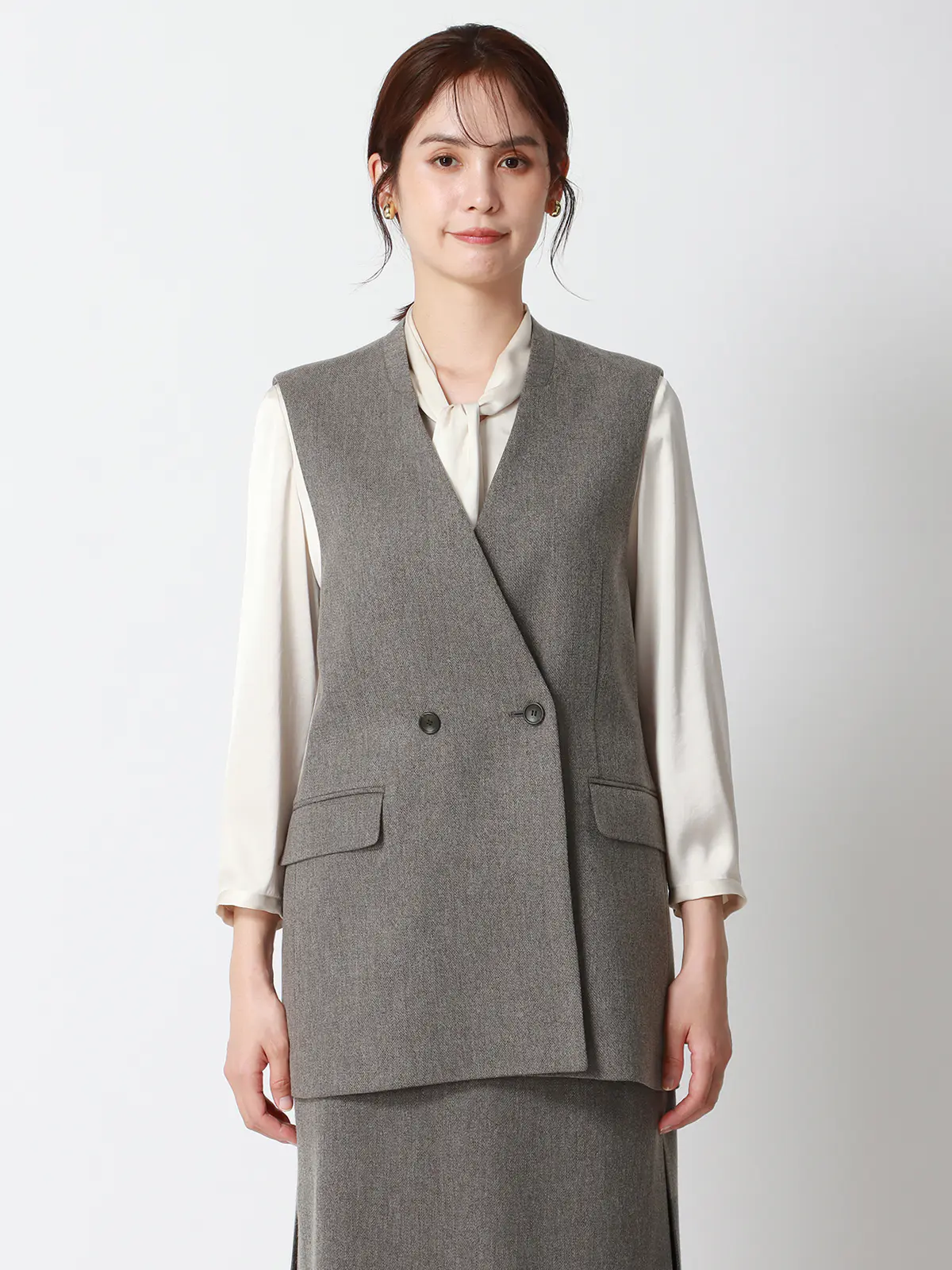 CHANTOWA/バックデザインジレ/ウォッシャブル/ツイードライクシャンブレー/織柄 グレー 38(9号)