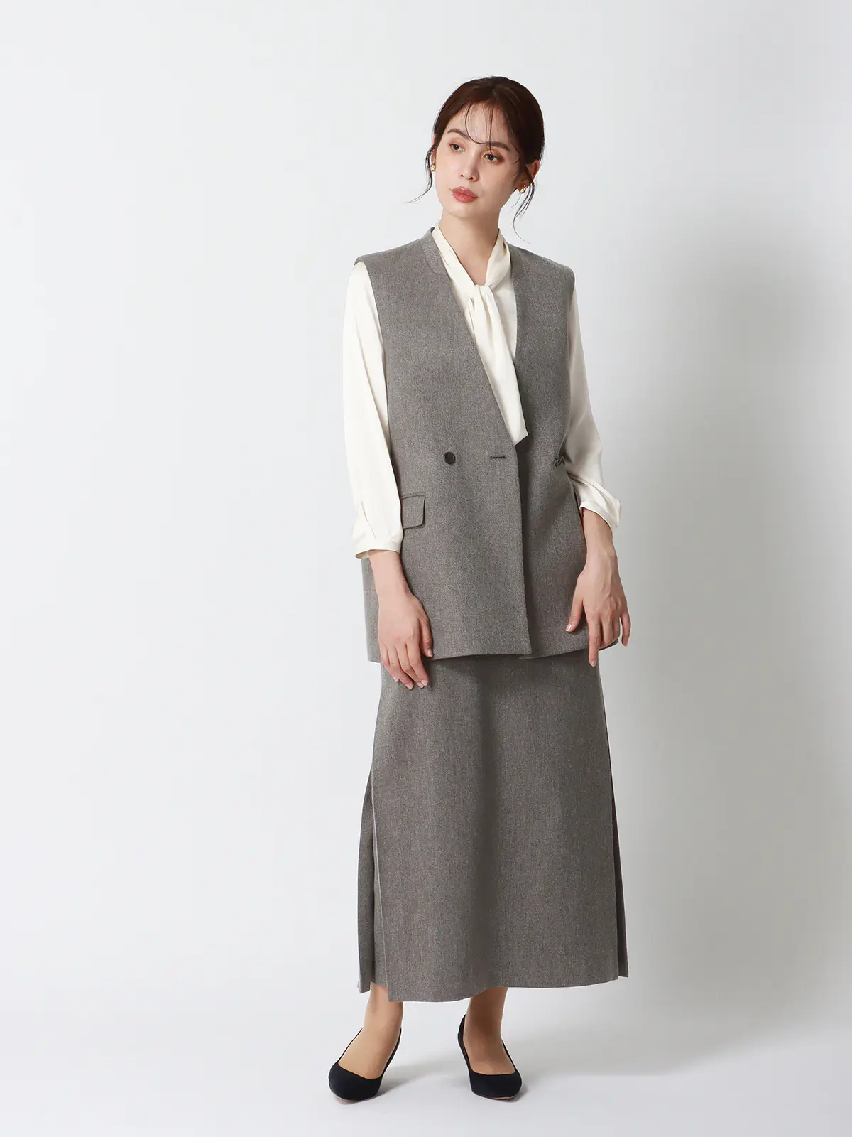 CHANTOWA/バックデザインジレ/ウォッシャブル/ツイードライクシャンブレー/織柄 グレー 38(9号)