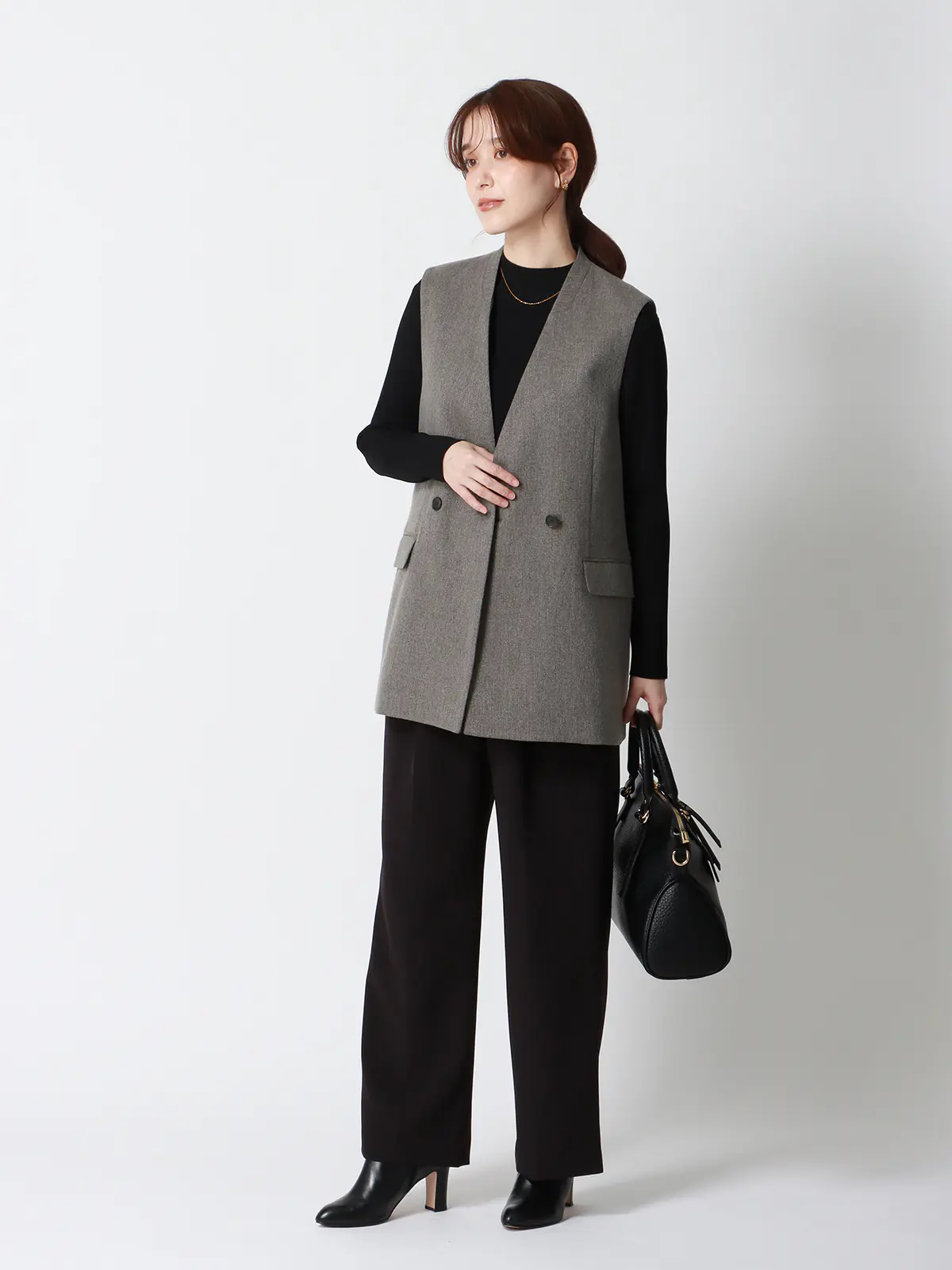 CHANTOWA/バックデザインジレ/ウォッシャブル/ツイードライクシャンブレー/織柄 グレー 38(9号)