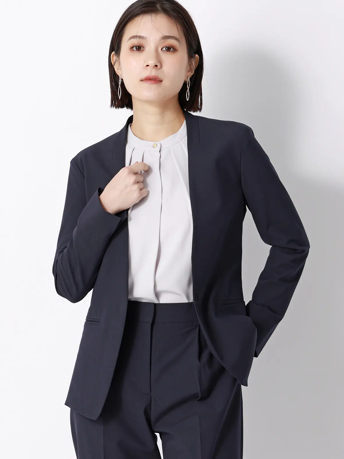 ジャケット/Vカラー/ウォッシャブル/ストレッチ/UVカット/TRトロピカル/無地 ネイビー 36(7号)