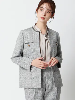 ノーカラージャケット／ハンドウォッシュ／ツイード／織柄