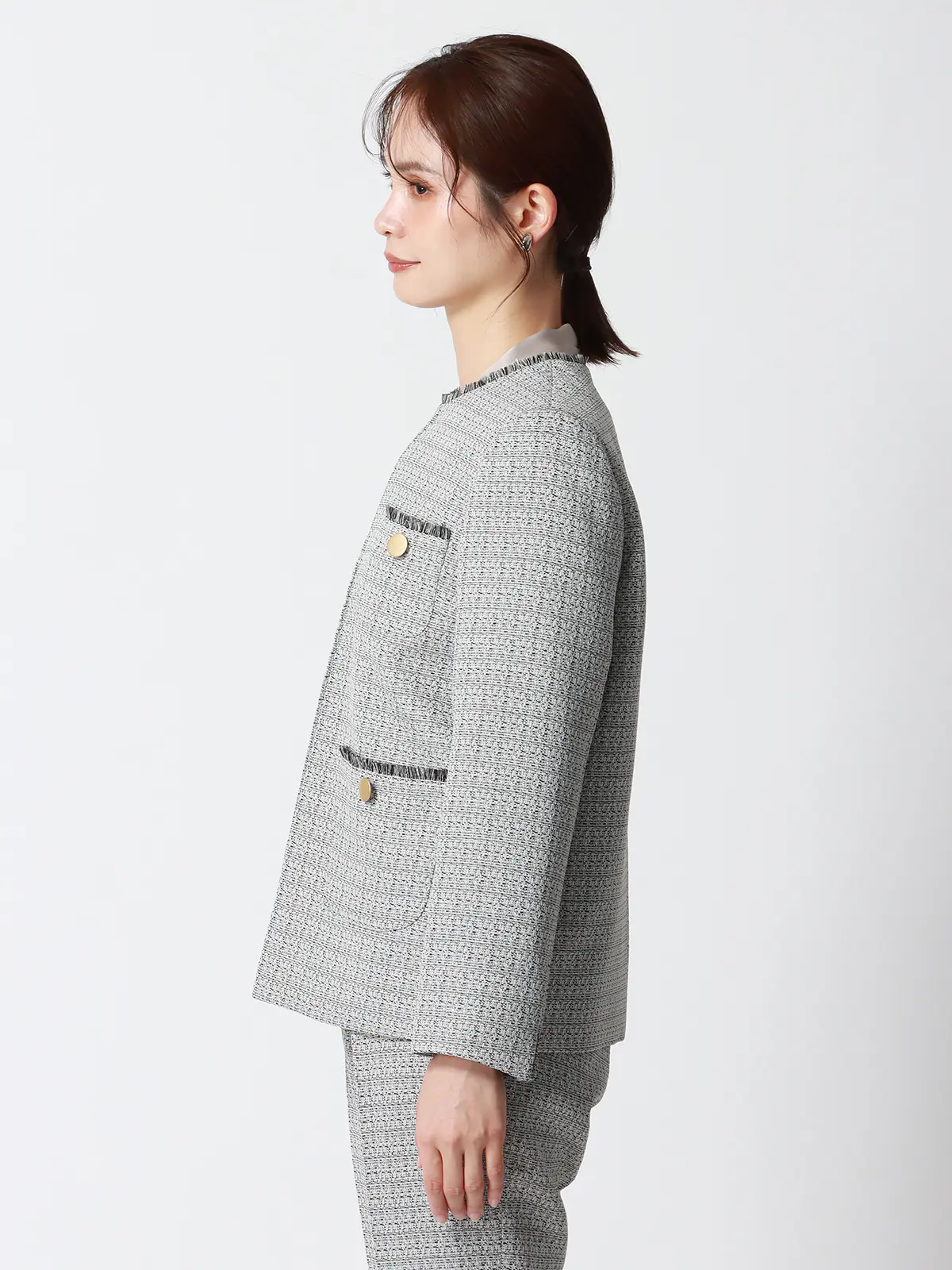 フリンジジャケット／ノーカラー／ハンドウォッシュ／ツイード／織柄 ホワイト 36(7号）