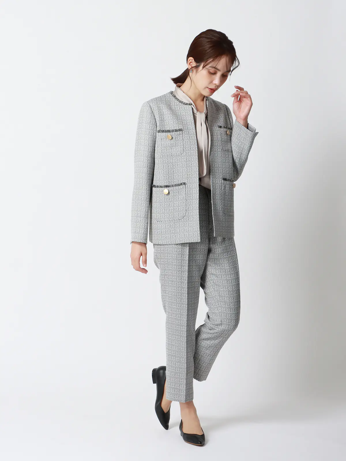 フリンジジャケット／ノーカラー／ハンドウォッシュ／ツイード／織柄 ホワイト 36(7号）