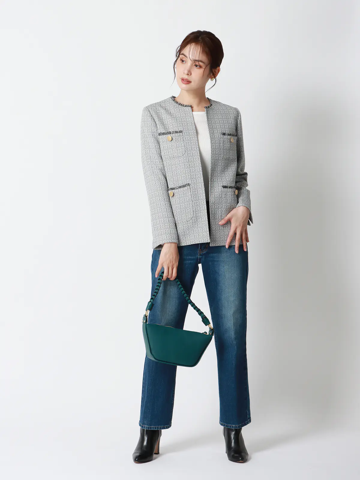 フリンジジャケット／ノーカラー／ハンドウォッシュ／ツイード／織柄 ホワイト 36(7号）