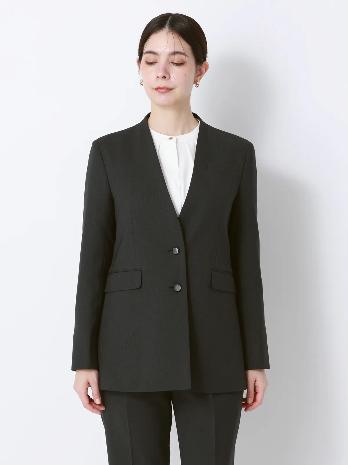 ジャケット／Vカラー／ウォッシャブル／ストレッチ／シャンブレーツイル／無地／anysy グレー 36(7号）