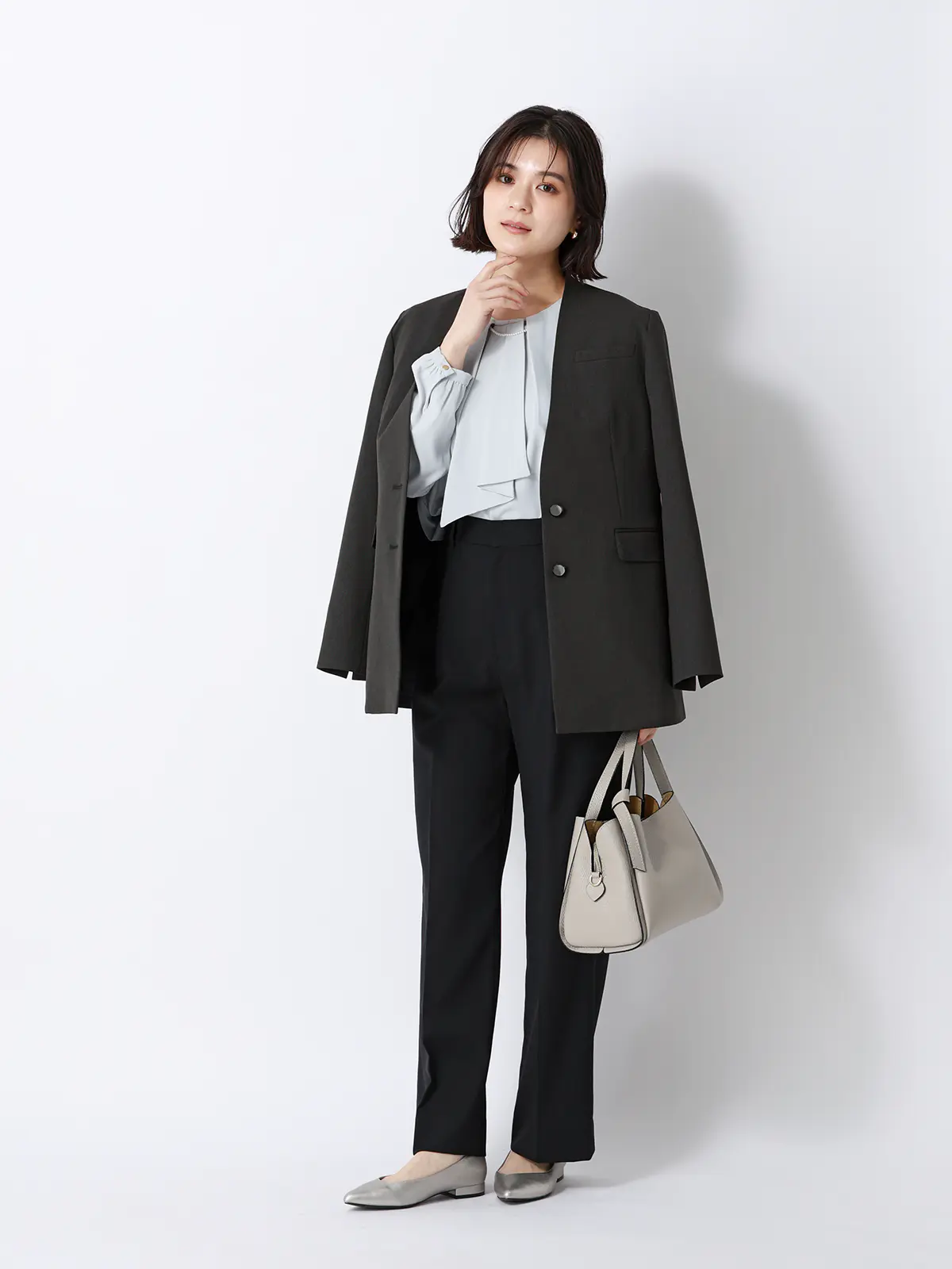 ジャケット/Vカラー/ウォッシャブル/ストレッチ/シャンブレーツイル/無地/anysy グレー 36(7号)