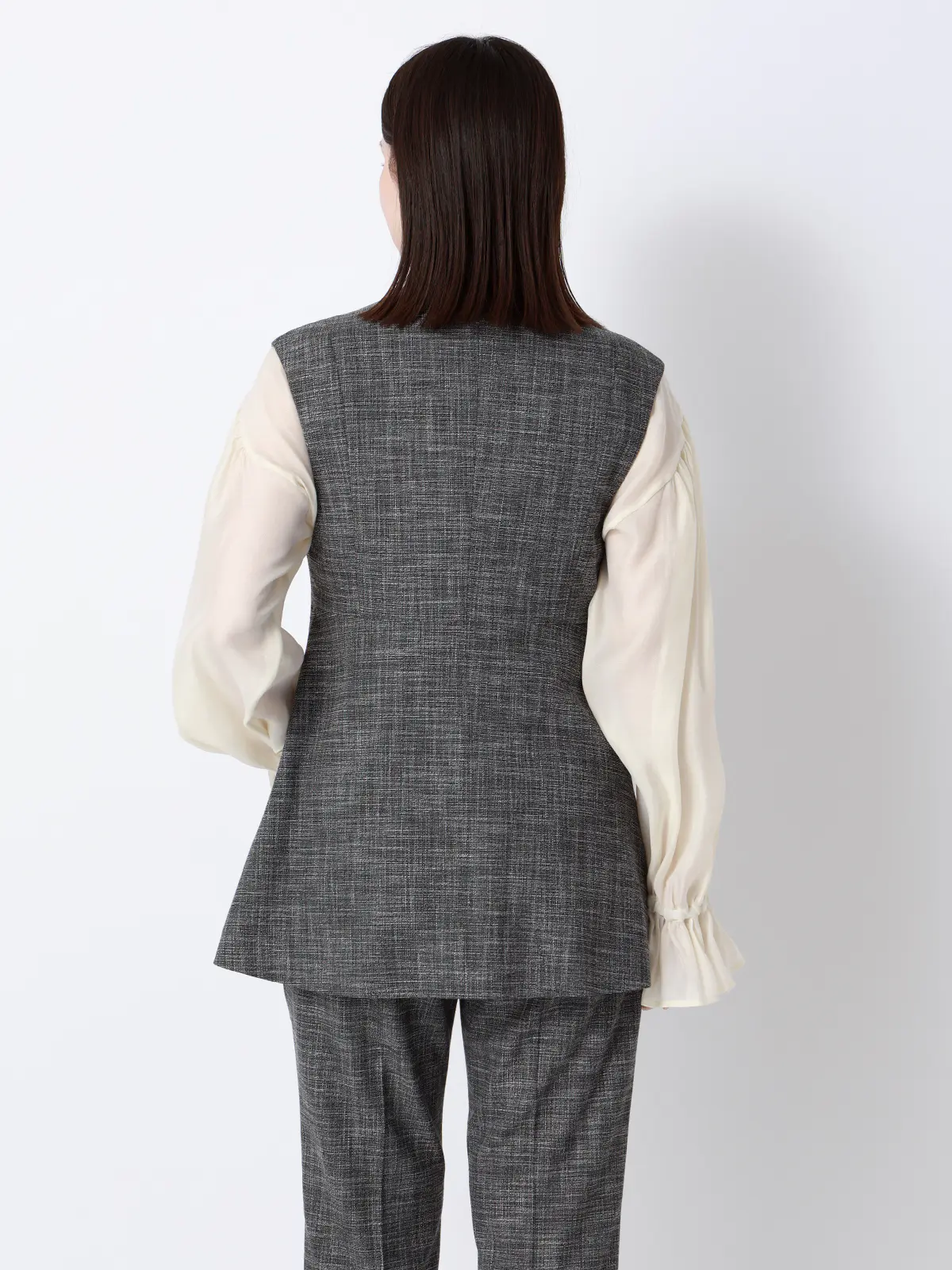 ペプラムジレ/ウォッシャブル/ストレッチ/スラブシャンブレー/織柄/anysy ブラック 38(9号)