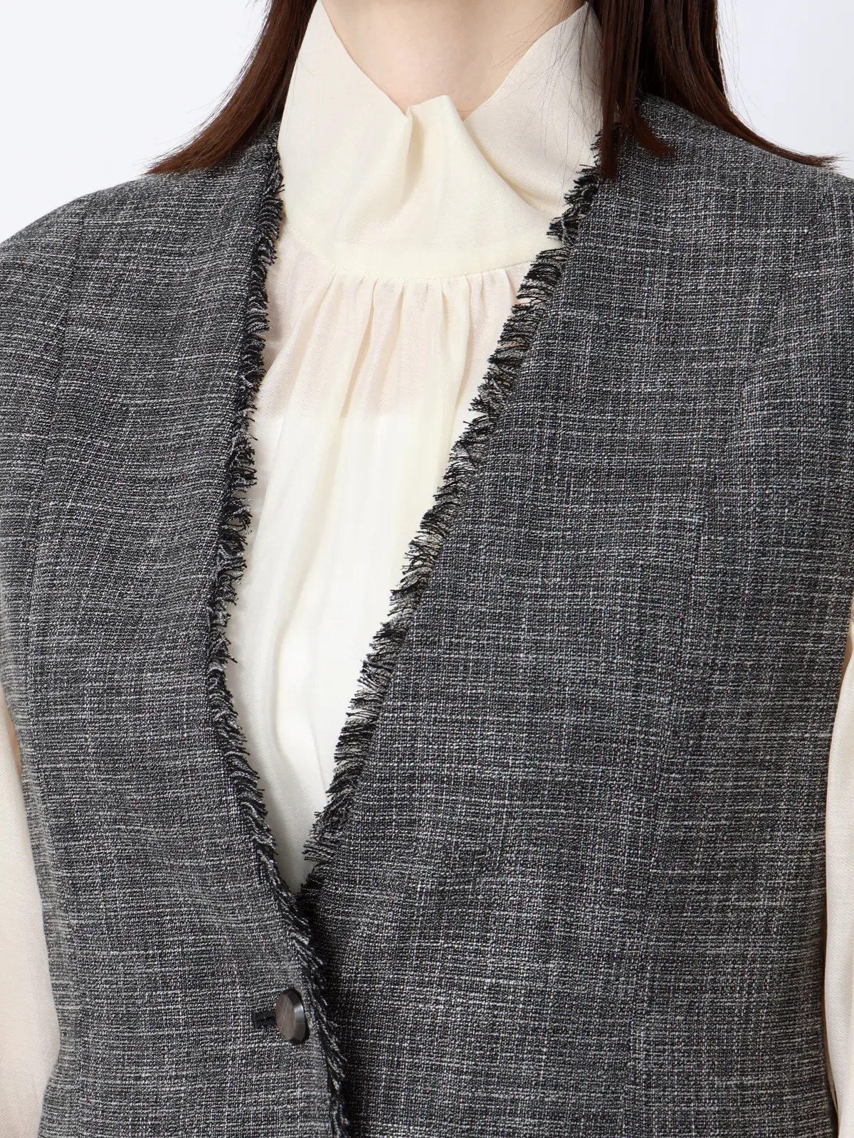 ペプラムジレ/ウォッシャブル/ストレッチ/スラブシャンブレー/織柄/anysy ブラック 38(9号)