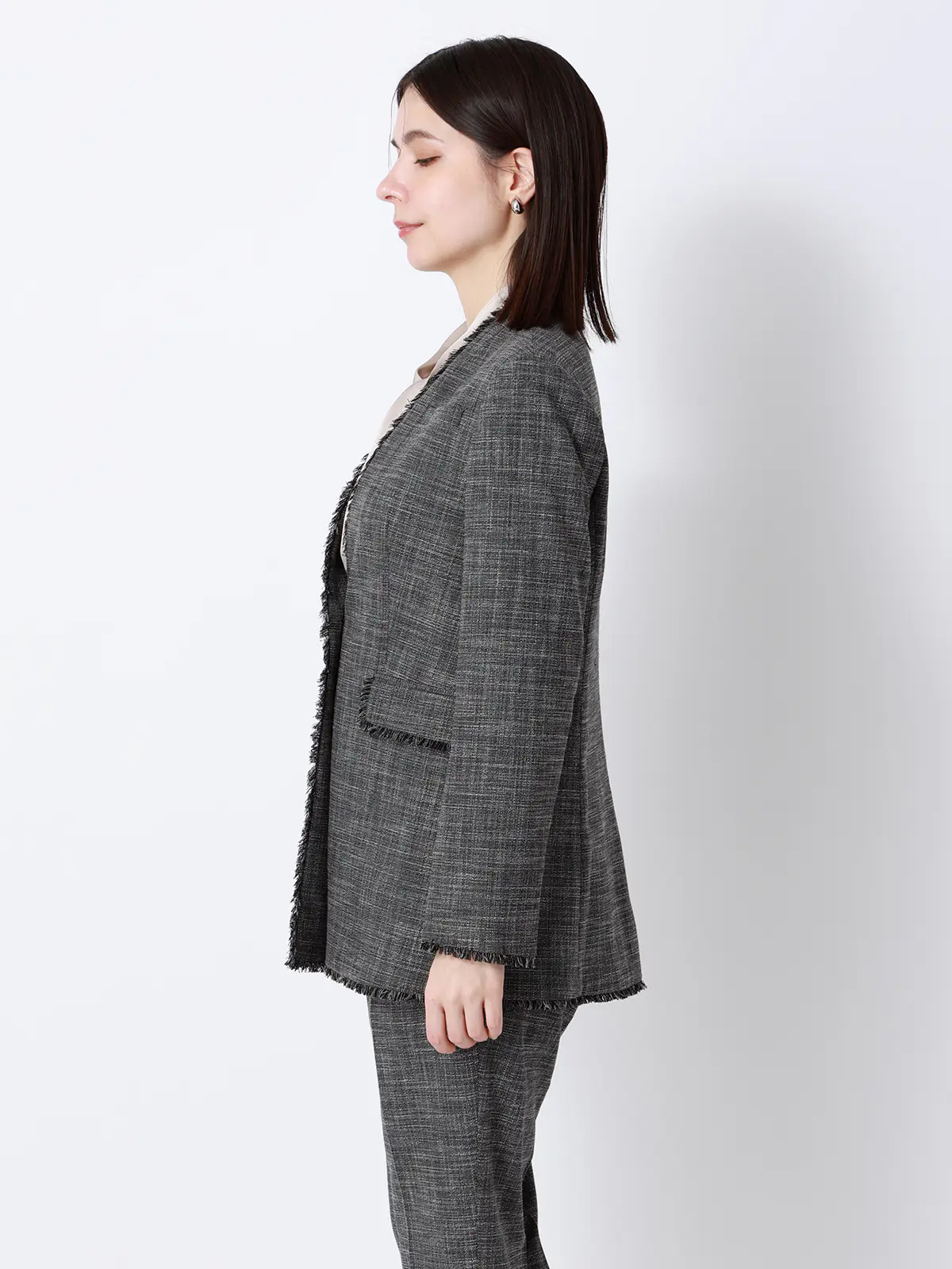 ジャケット／Vカラー／ウォッシャブル／ストレッチ／スラブシャンブレー／織柄／anysy ブラック 36(7号）