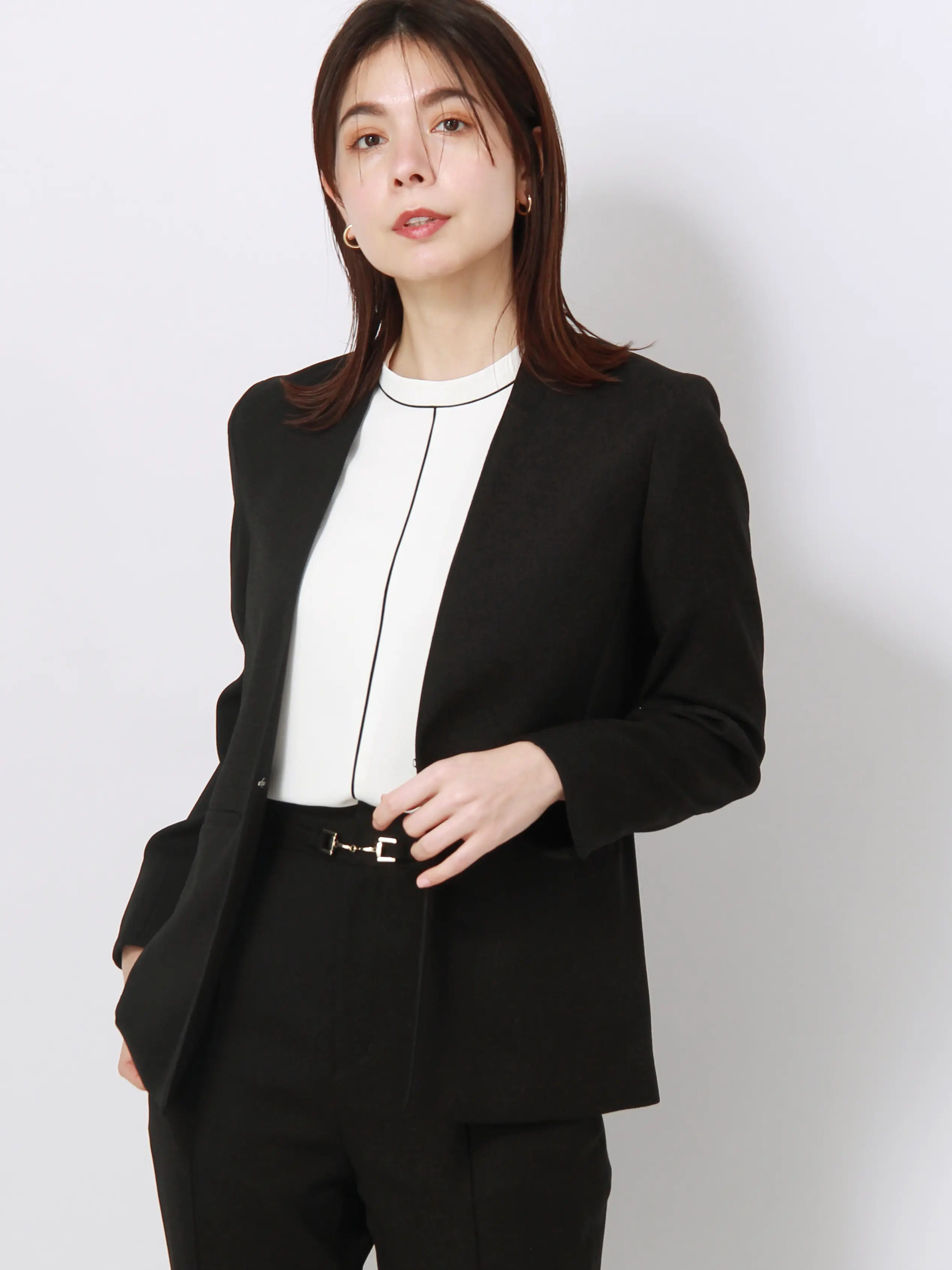 【訳アリ商品】ジャケット/ノーカラー/ウォッシャブル/抗菌/防臭/スラブオックスストレッチ/無地 ブラック 38(9号)