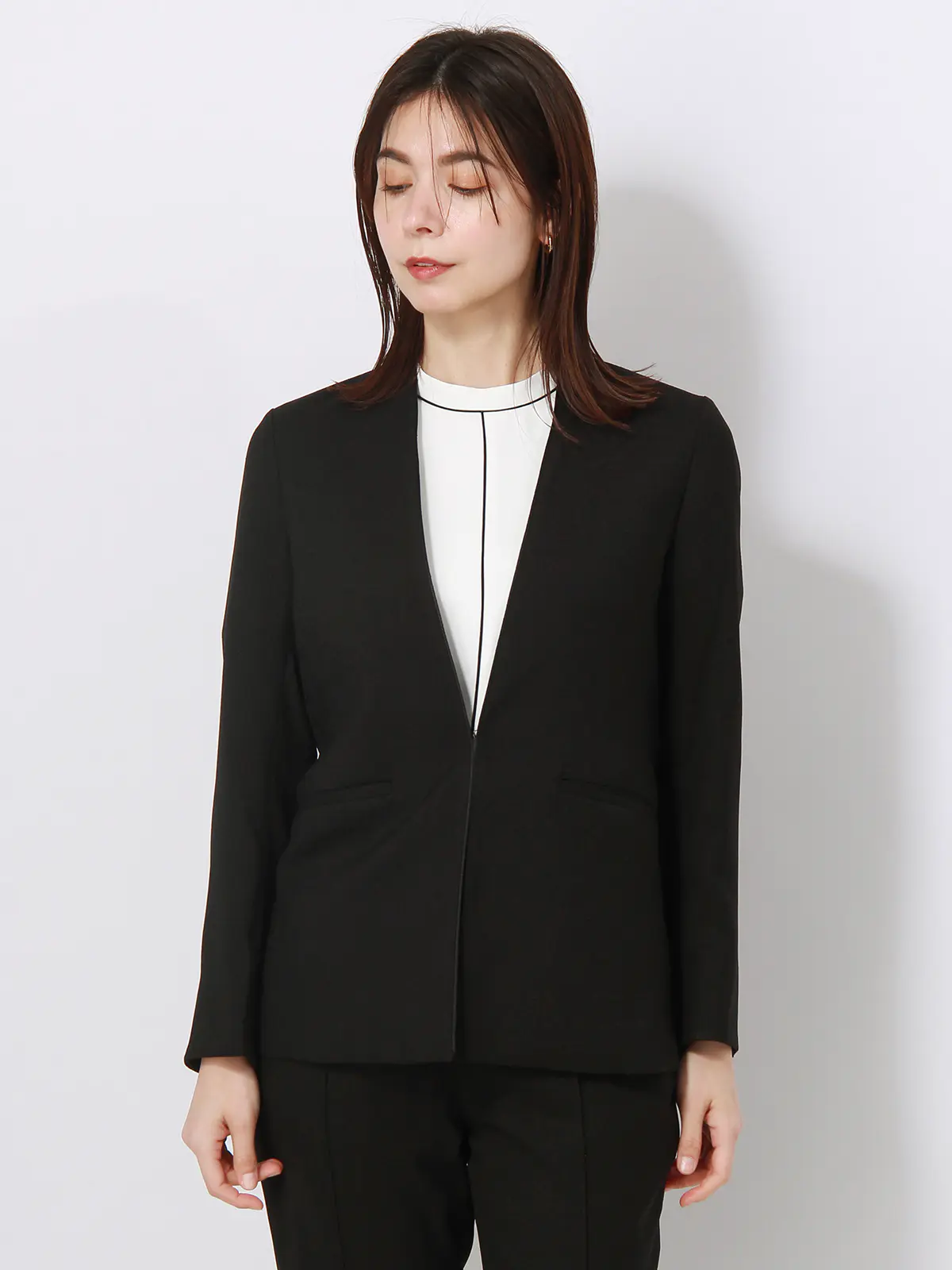 【訳アリ商品】ジャケット/ノーカラー/ウォッシャブル/抗菌/防臭/スラブオックスストレッチ/無地 ブラック 38(9号)