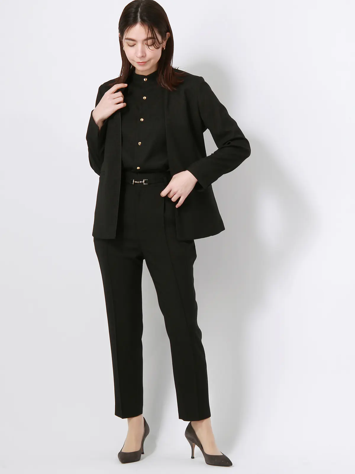 【訳アリ商品】ジャケット/ノーカラー/ウォッシャブル/抗菌/防臭/スラブオックスストレッチ/無地 ブラック 38(9号)
