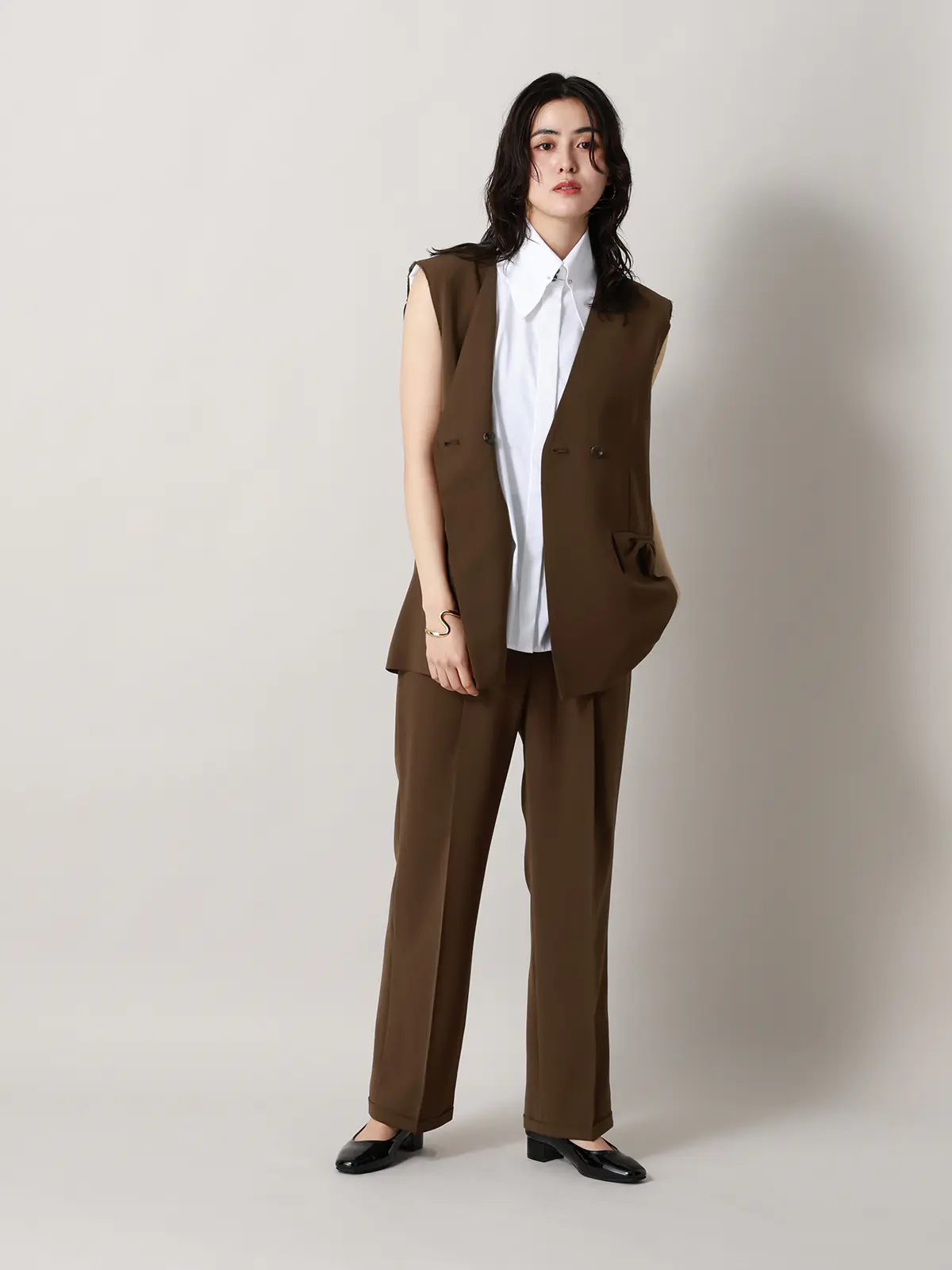 【2／23　23:59までWEB先行販売中】CIS.／リボンポケットジレ／無地 ブラウン 36(7号）